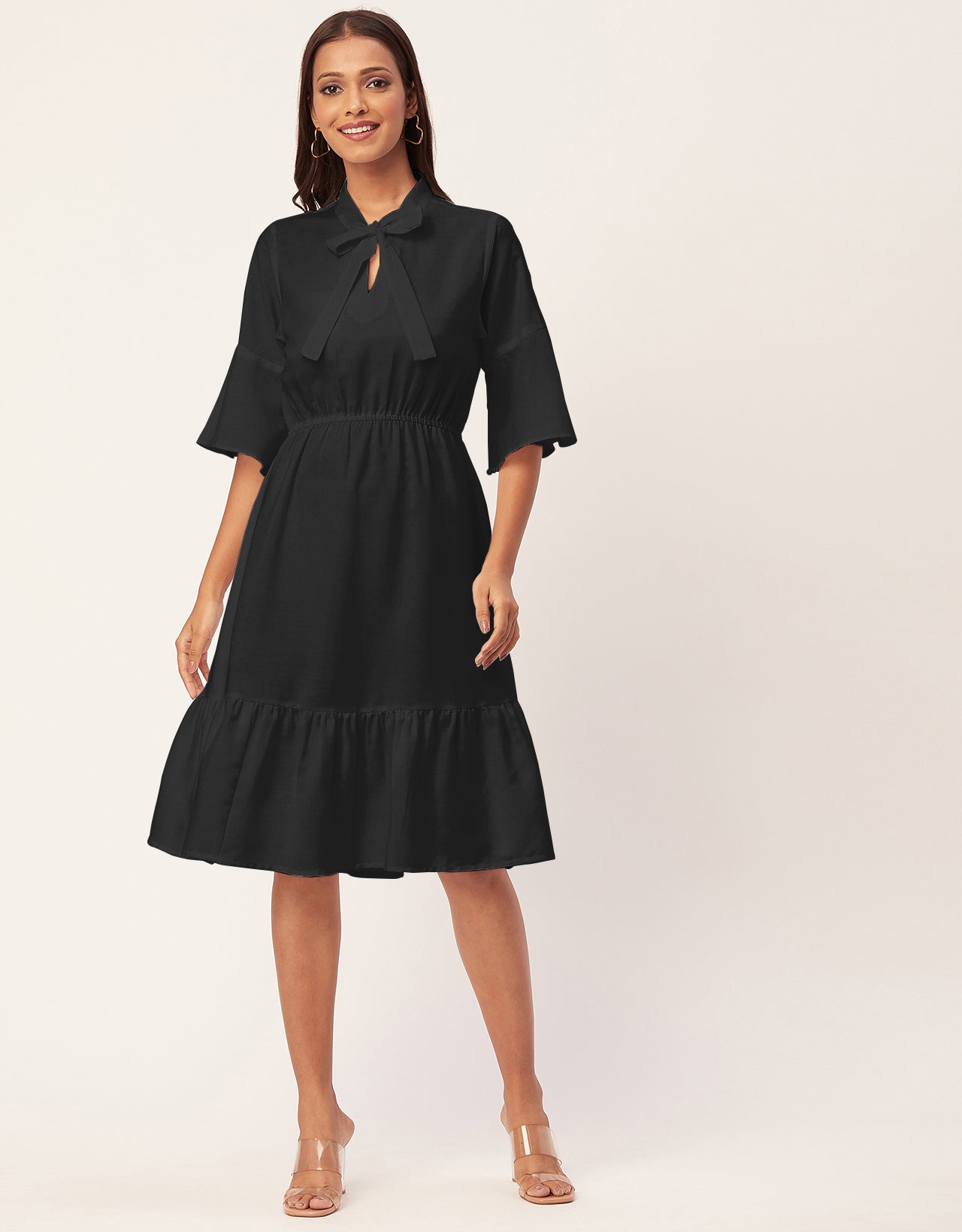 Black Bow-Knot Dress with Bell Sleeve