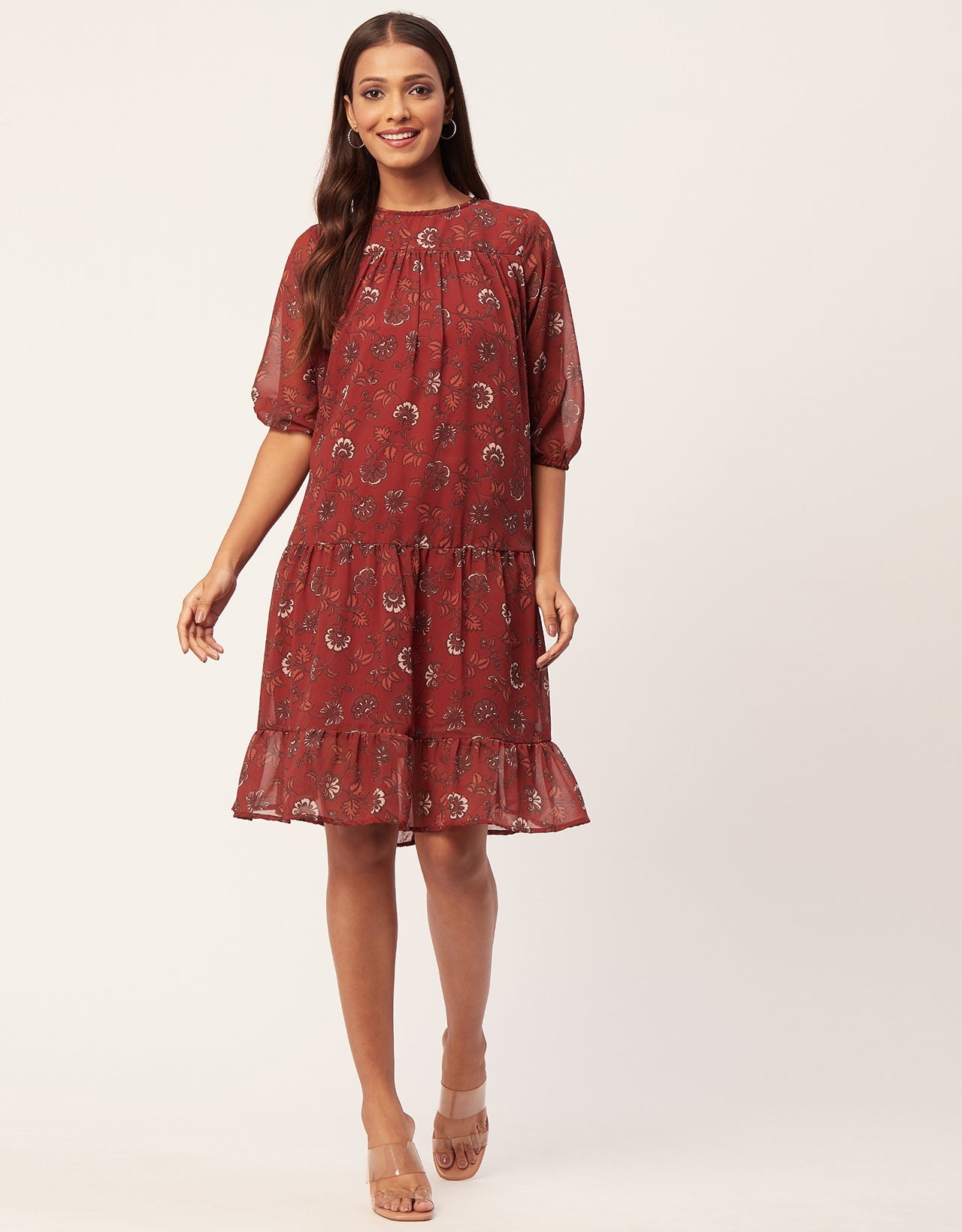 Printed Chiffon Dress, Puffed Rust