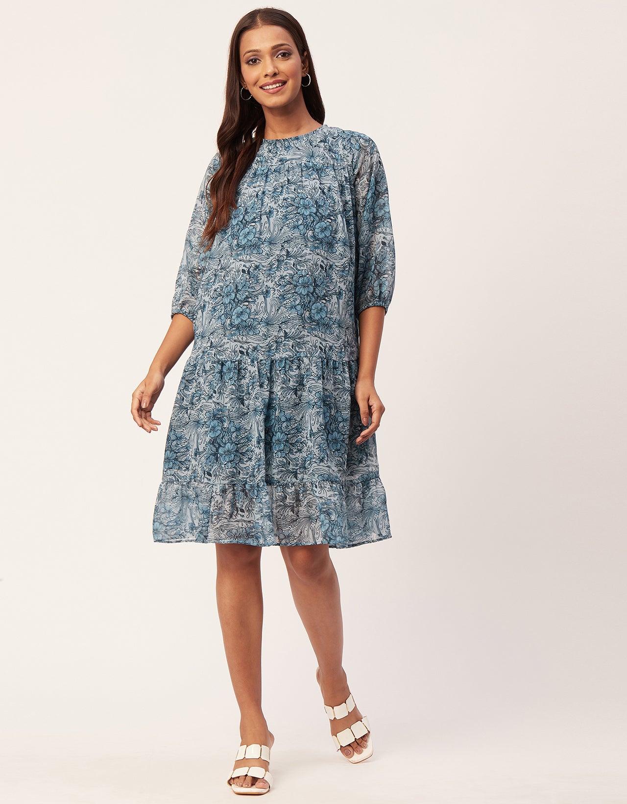 Printed Chiffon Dress, Puffed Rust