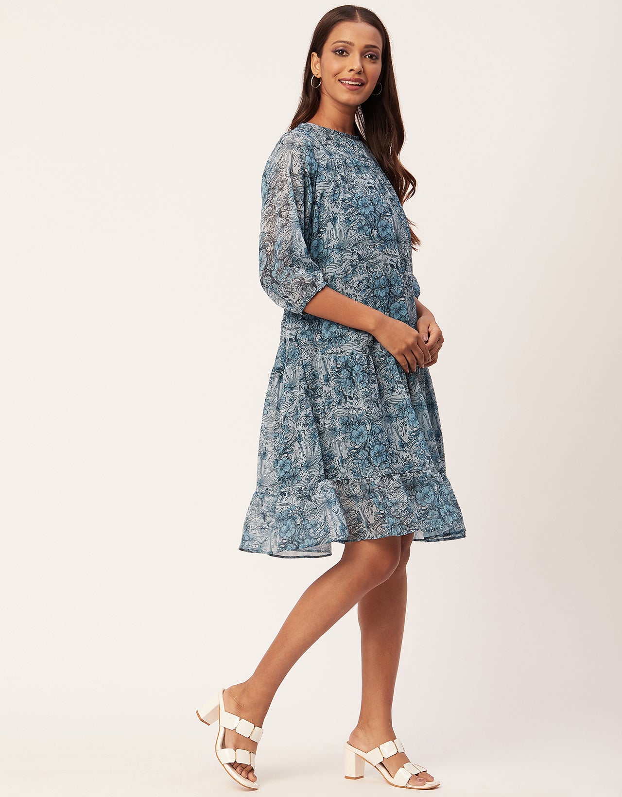 Printed Chiffon Dress, Puffed Rust