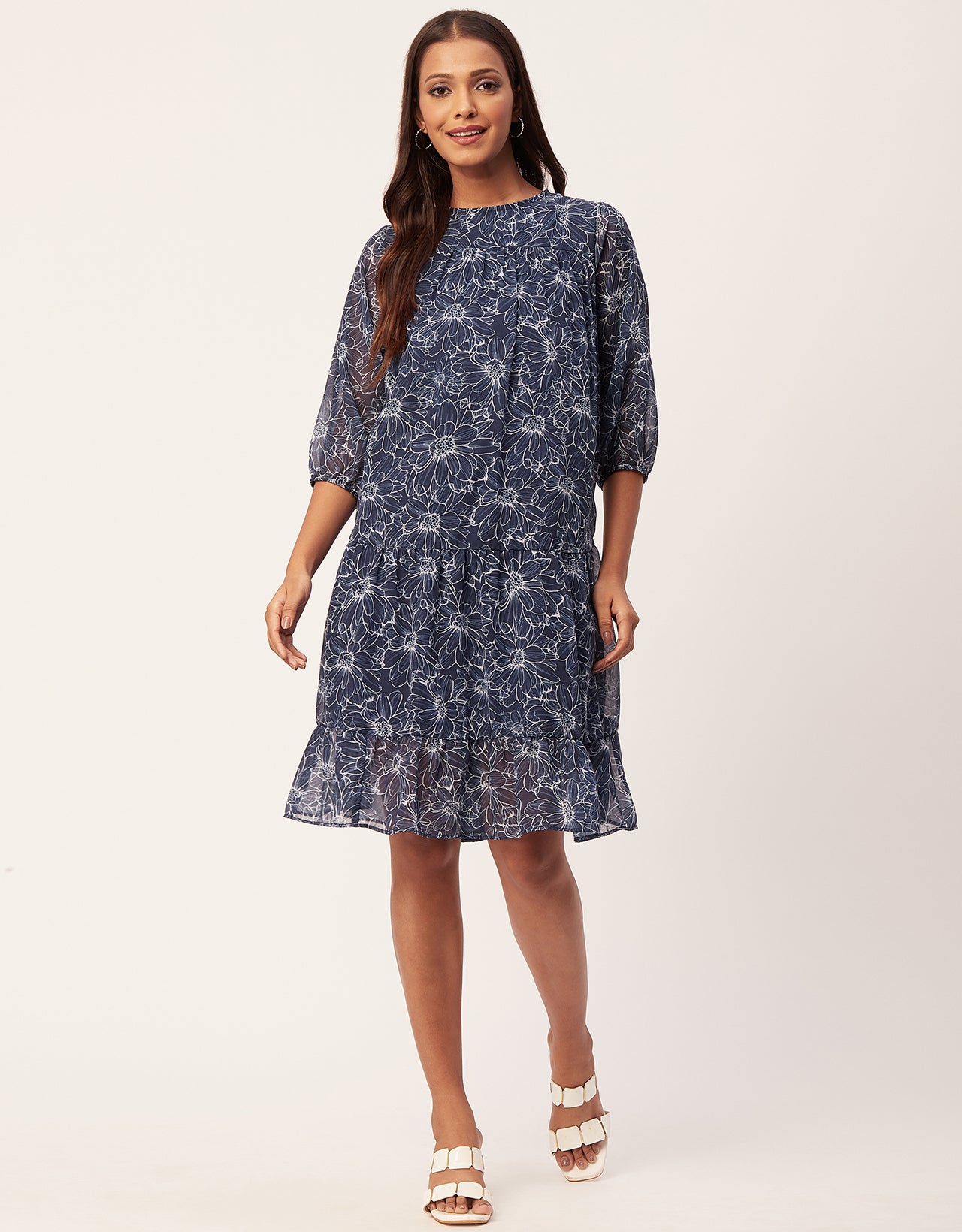 Printed Chiffon Dress, Puffed Rust