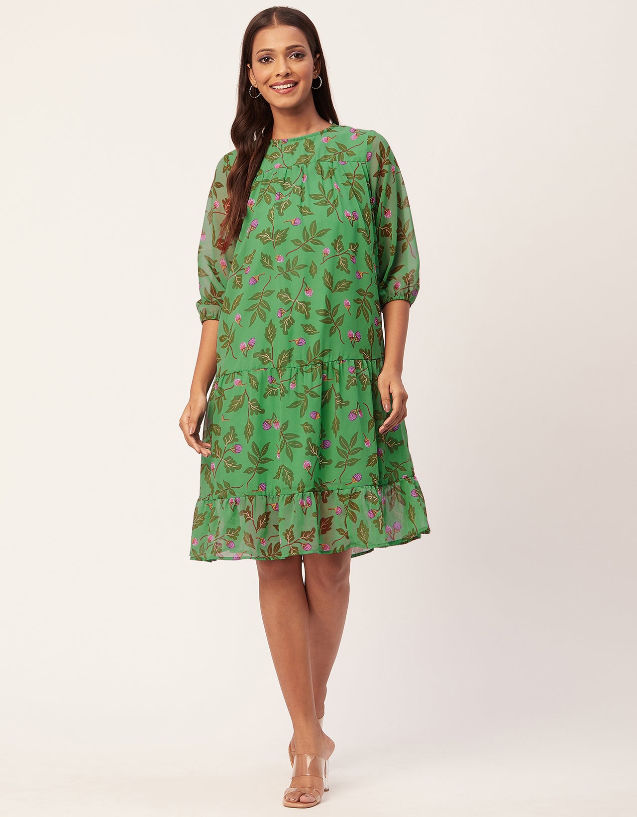 Printed Chiffon Dress, Puffed Rust