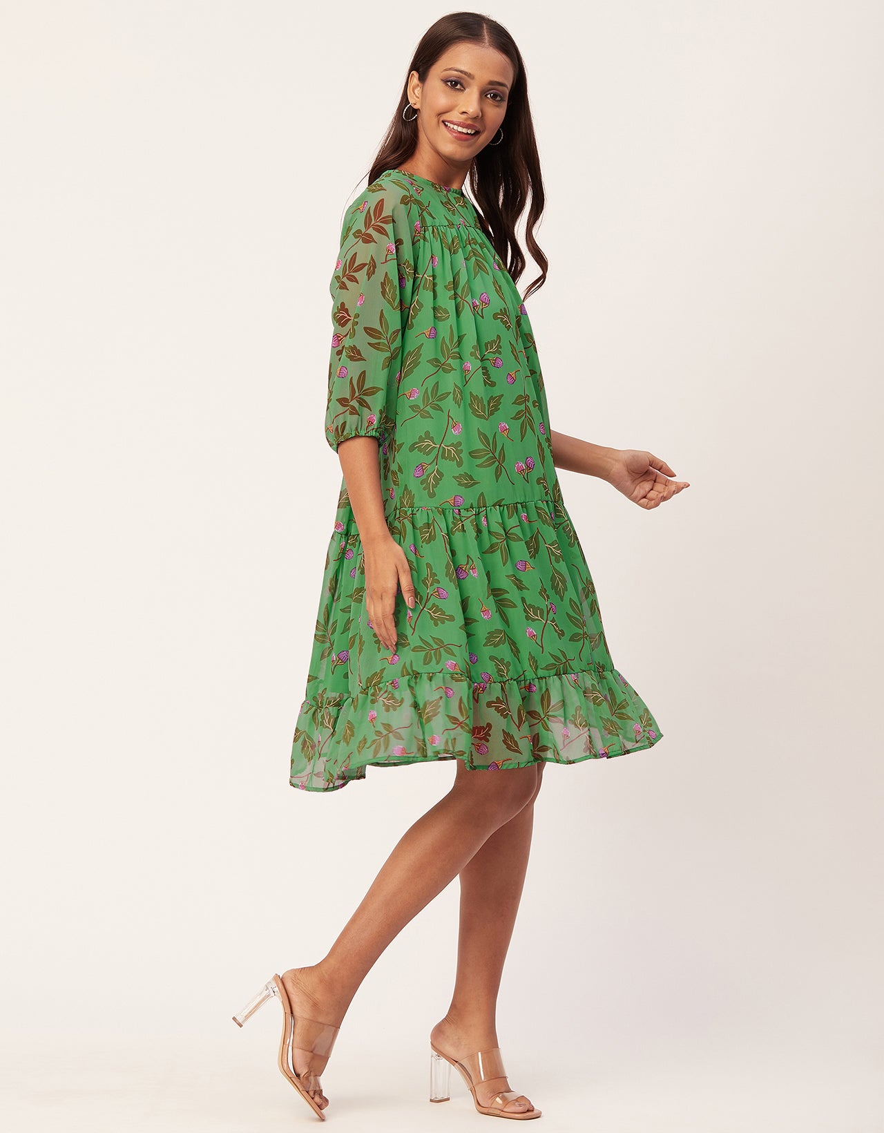 Printed Chiffon Dress, Puffed Rust