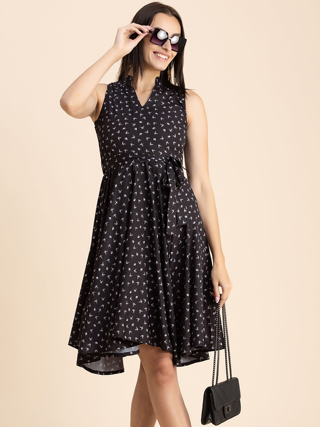 V Neck Printed Dress, Knee