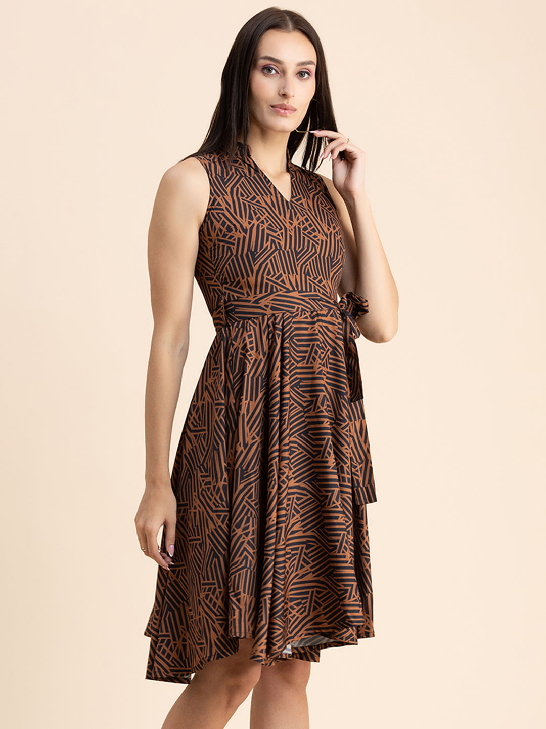 V Neck Printed Dress, Knee