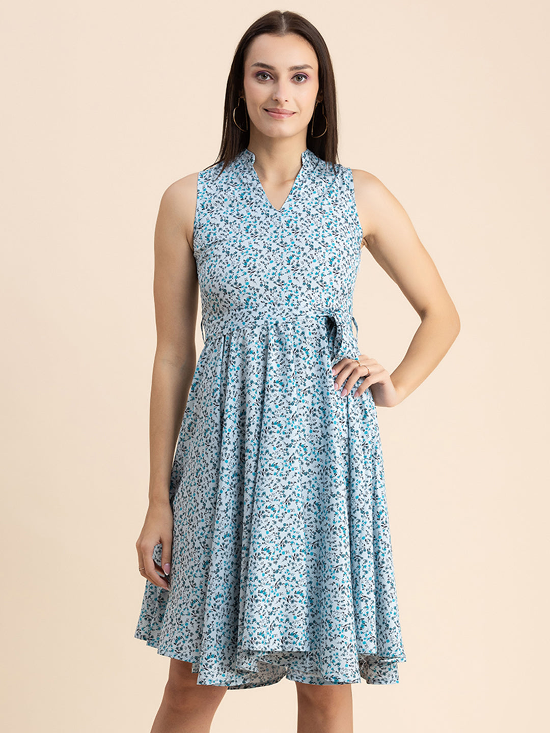 V Neck Printed Dress, Knee