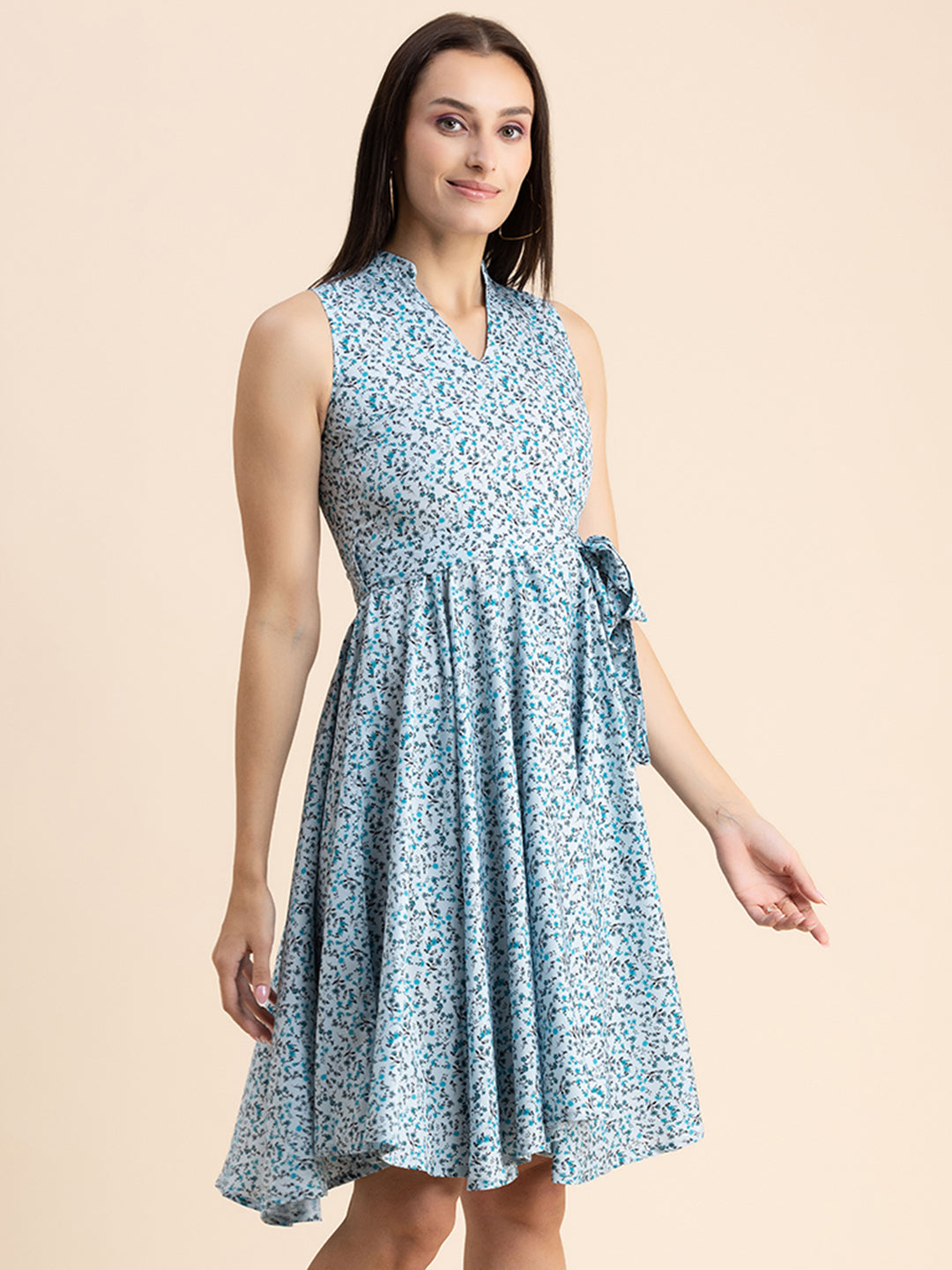 V Neck Printed Dress, Knee