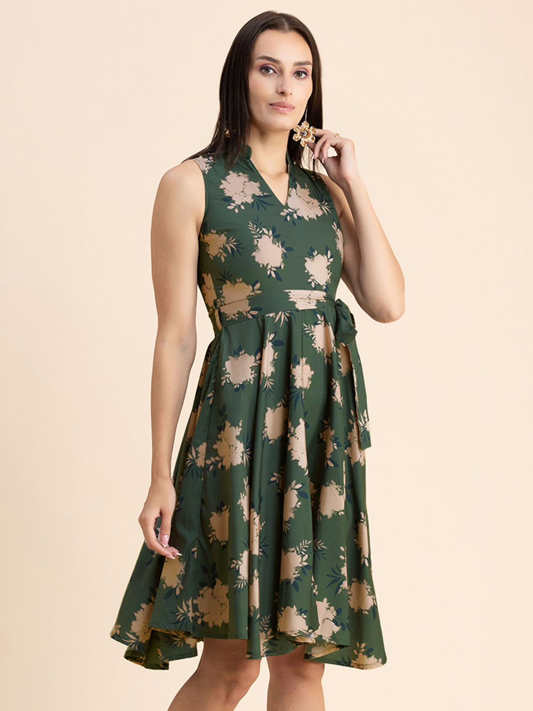 V Neck Printed Dress, Knee