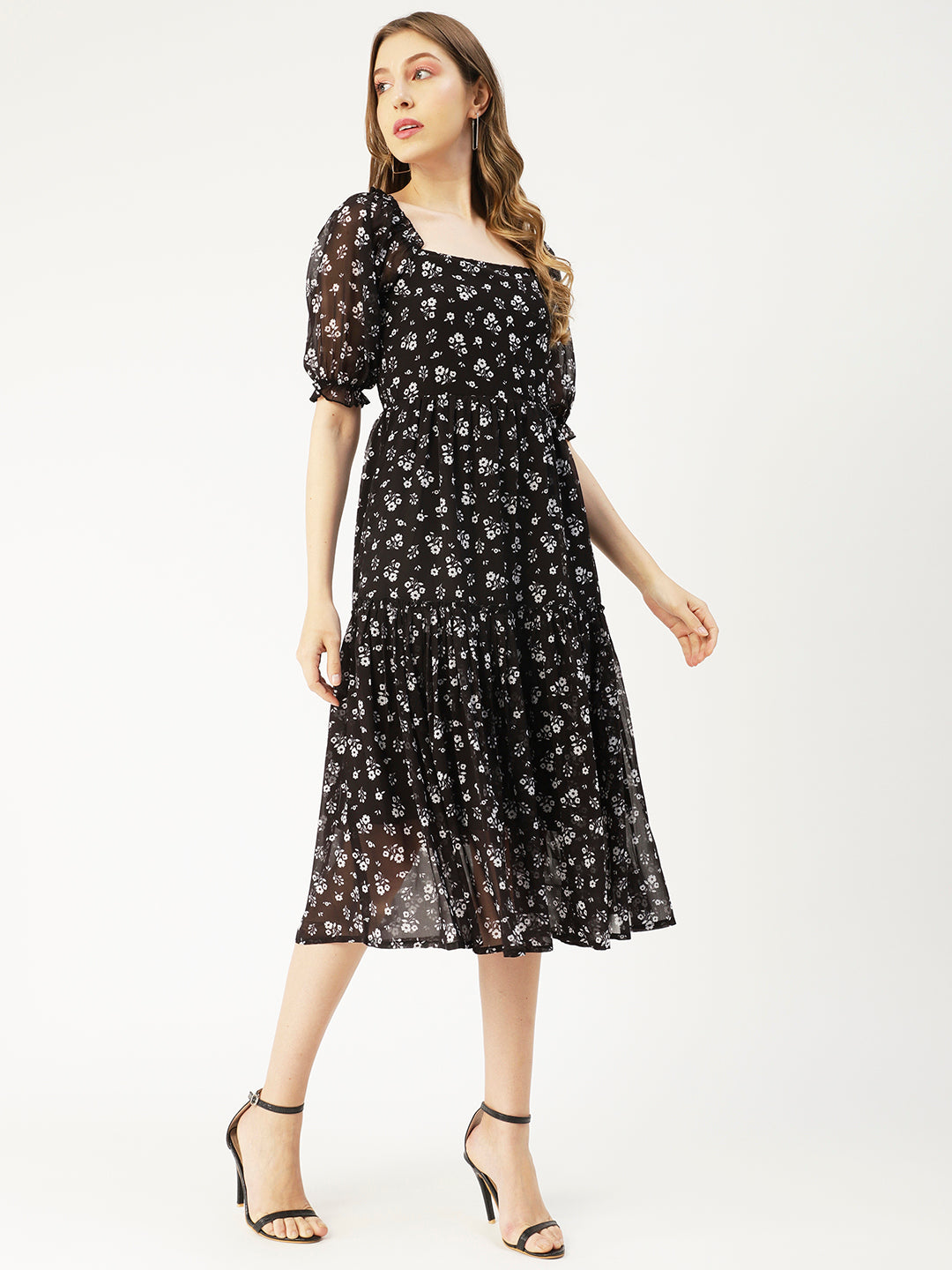 Square Neck Smocked Midi, Poly