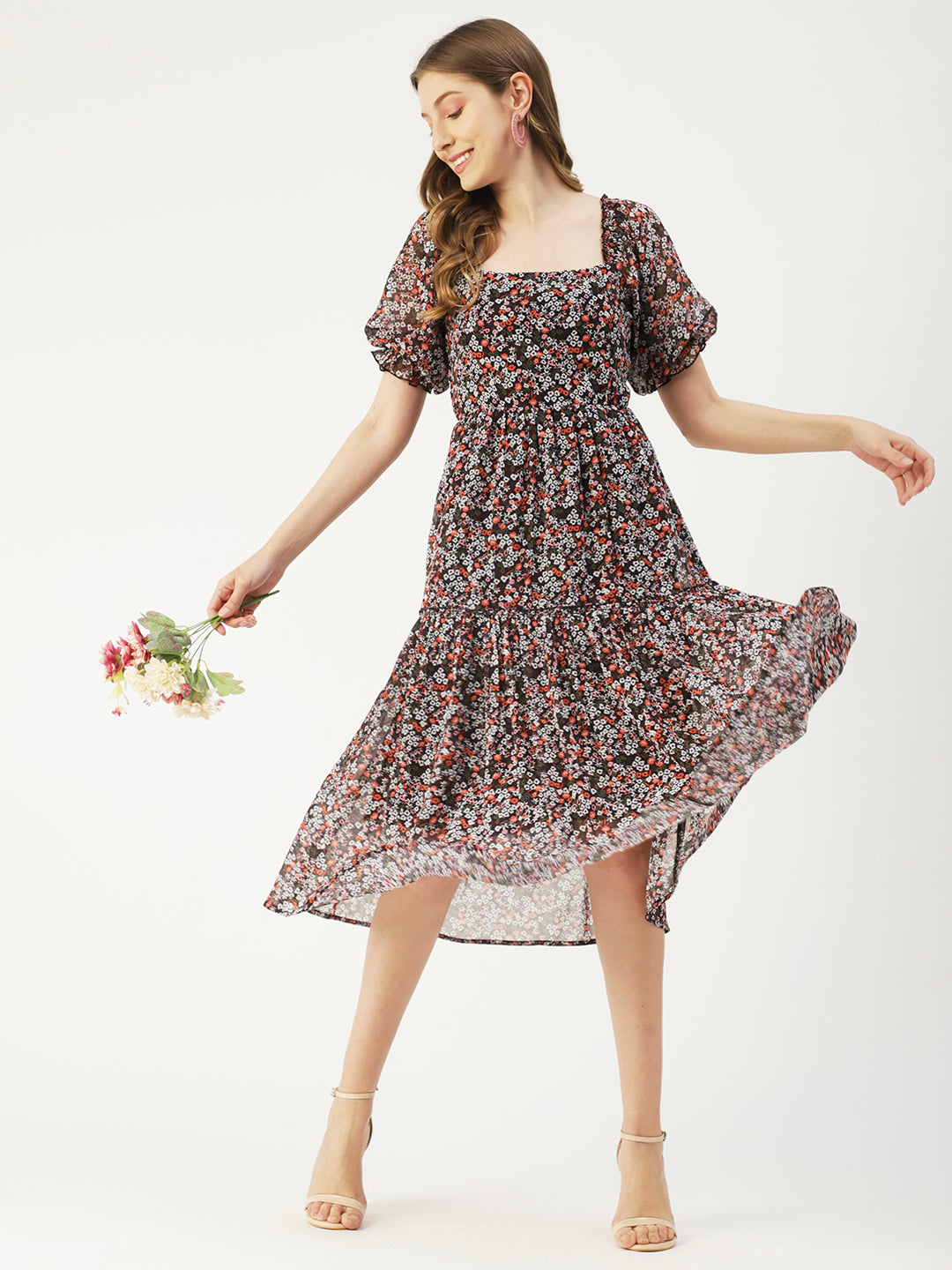 Square Neck Smocked Midi, Poly