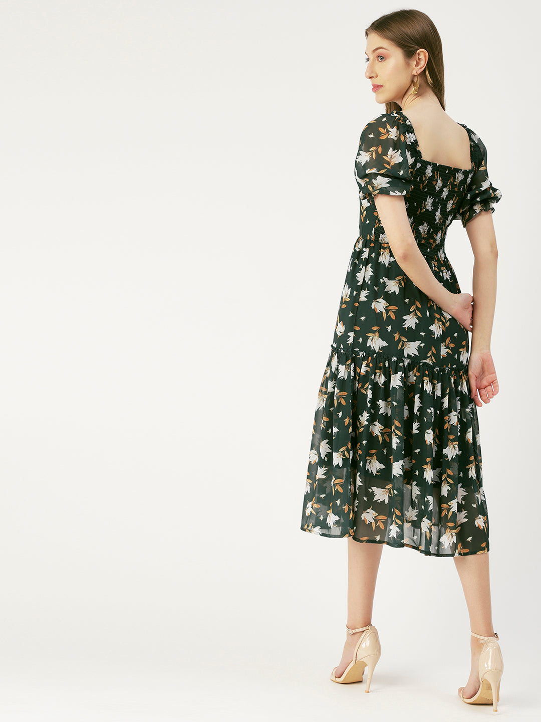 Square Neck Smocked Midi, Poly