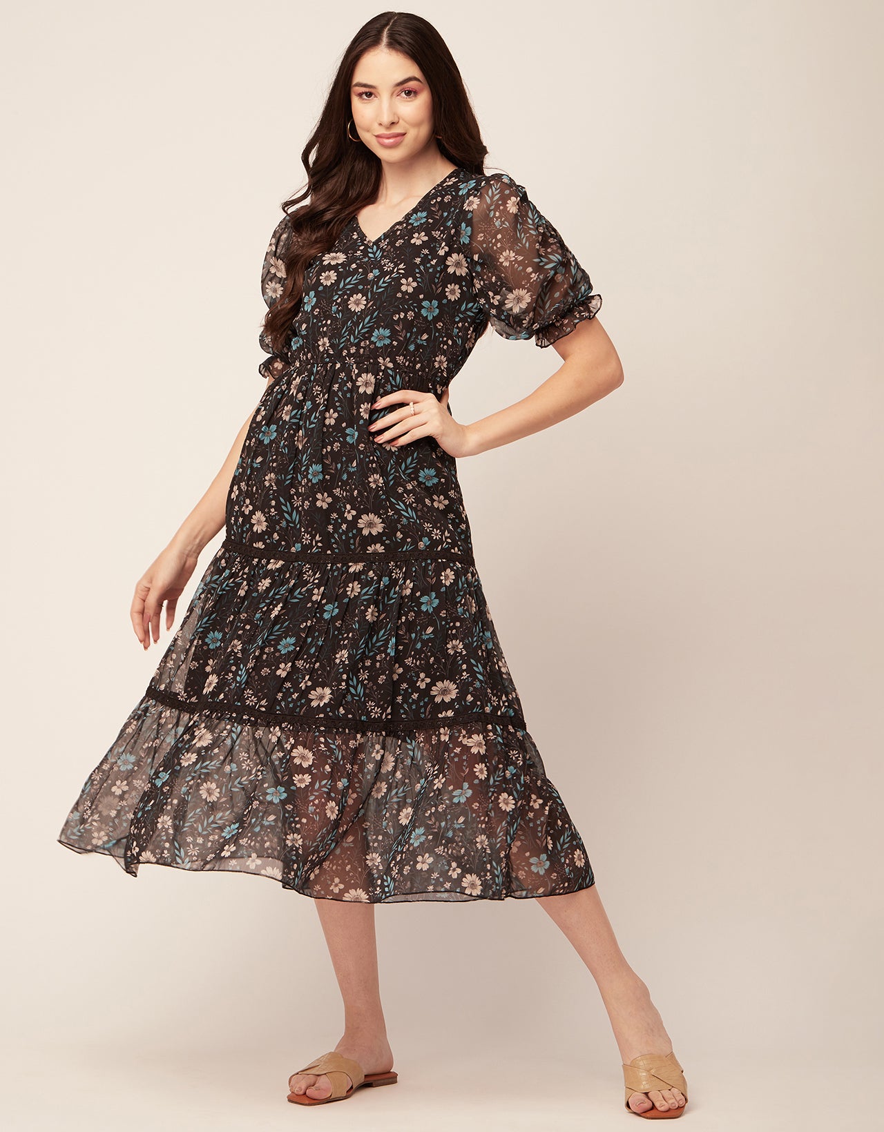 Printed Tiered V Neck Dress