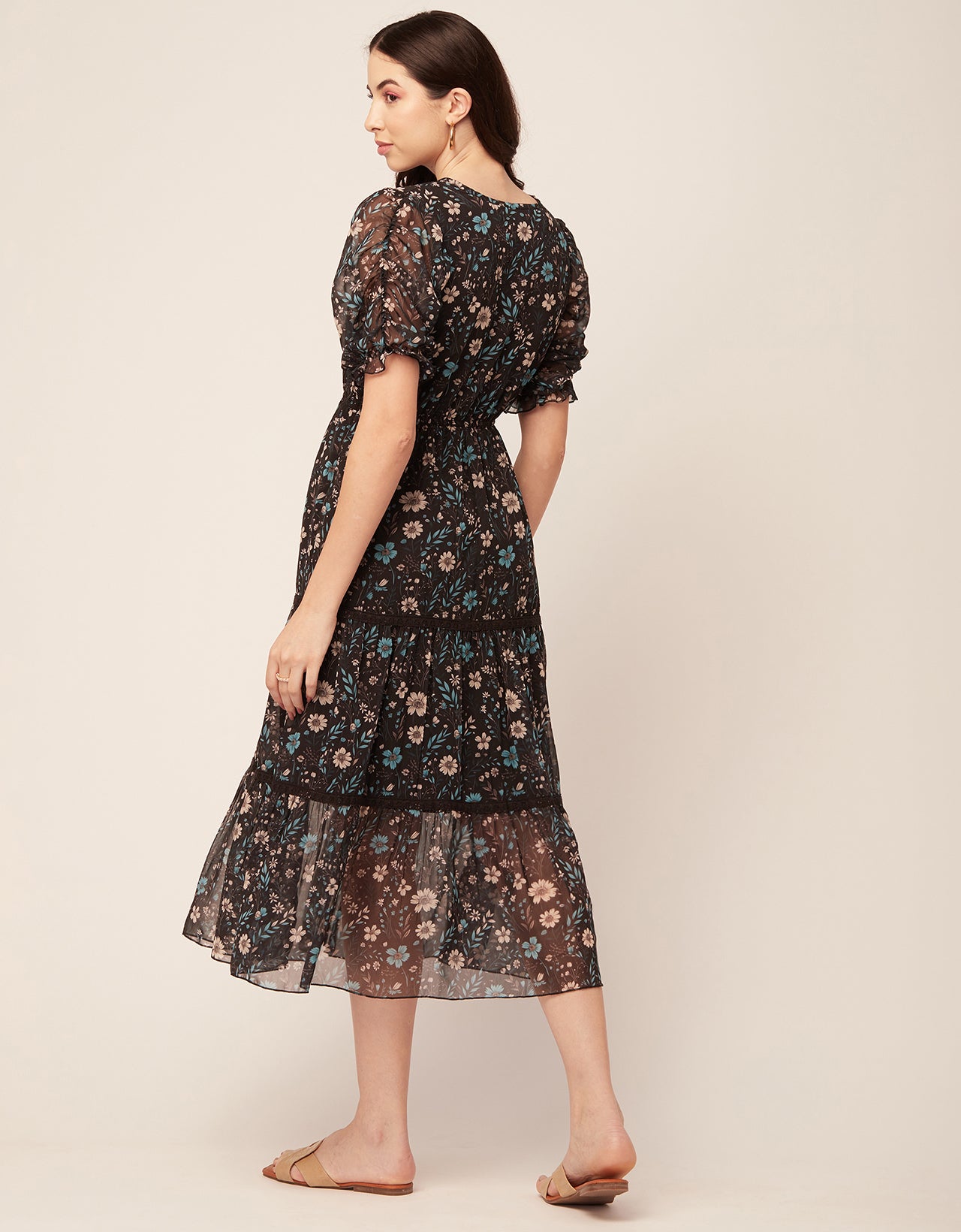 Printed Tiered V Neck Dress