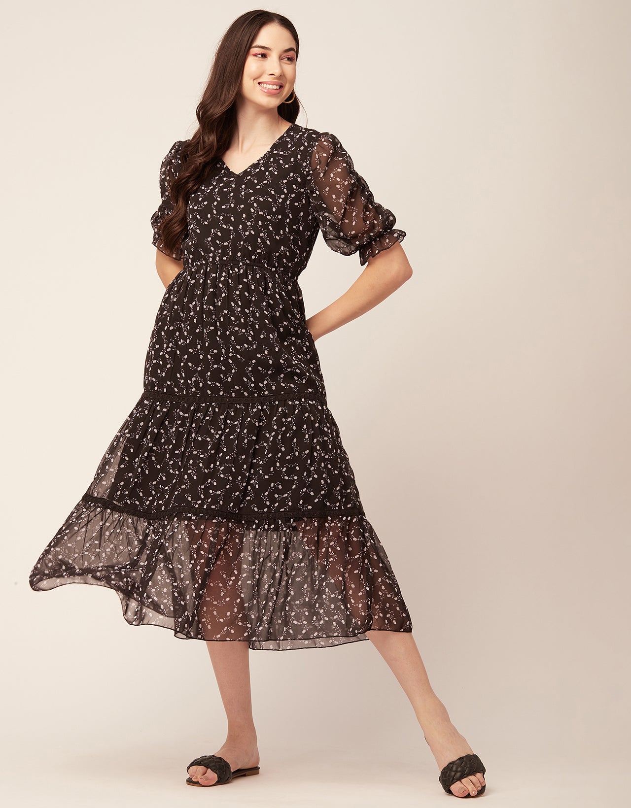 Printed Tiered V Neck Dress