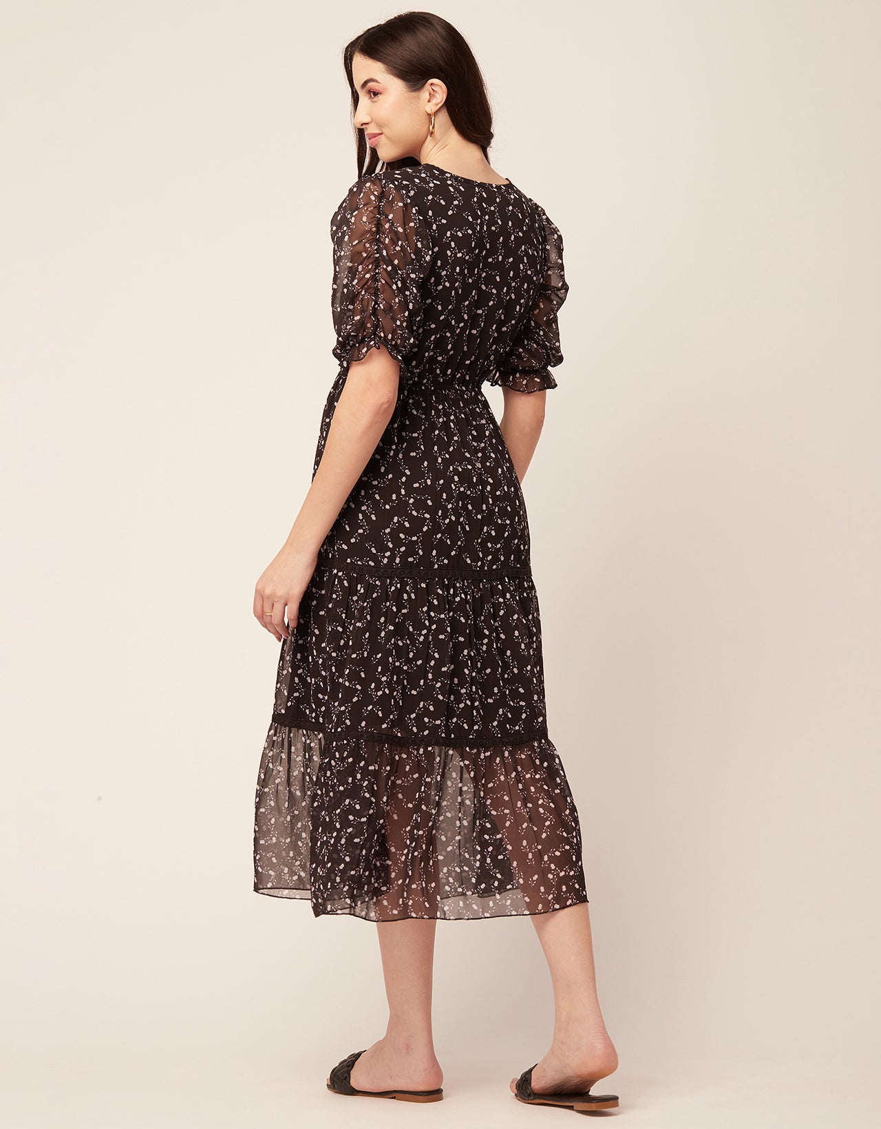 Printed Tiered V Neck Dress