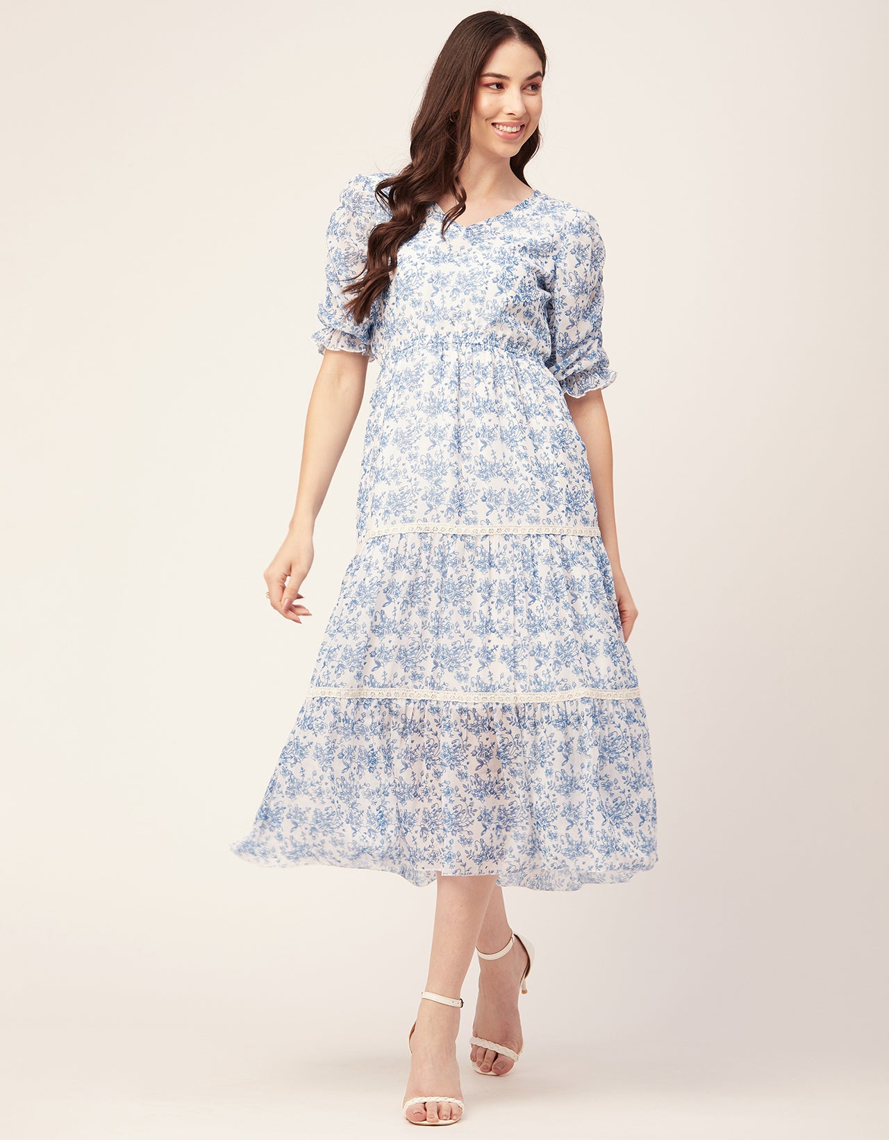 Printed Tiered V Neck Dress