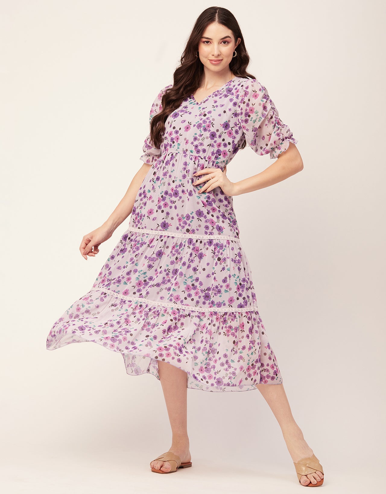 Printed Tiered V Neck Dress