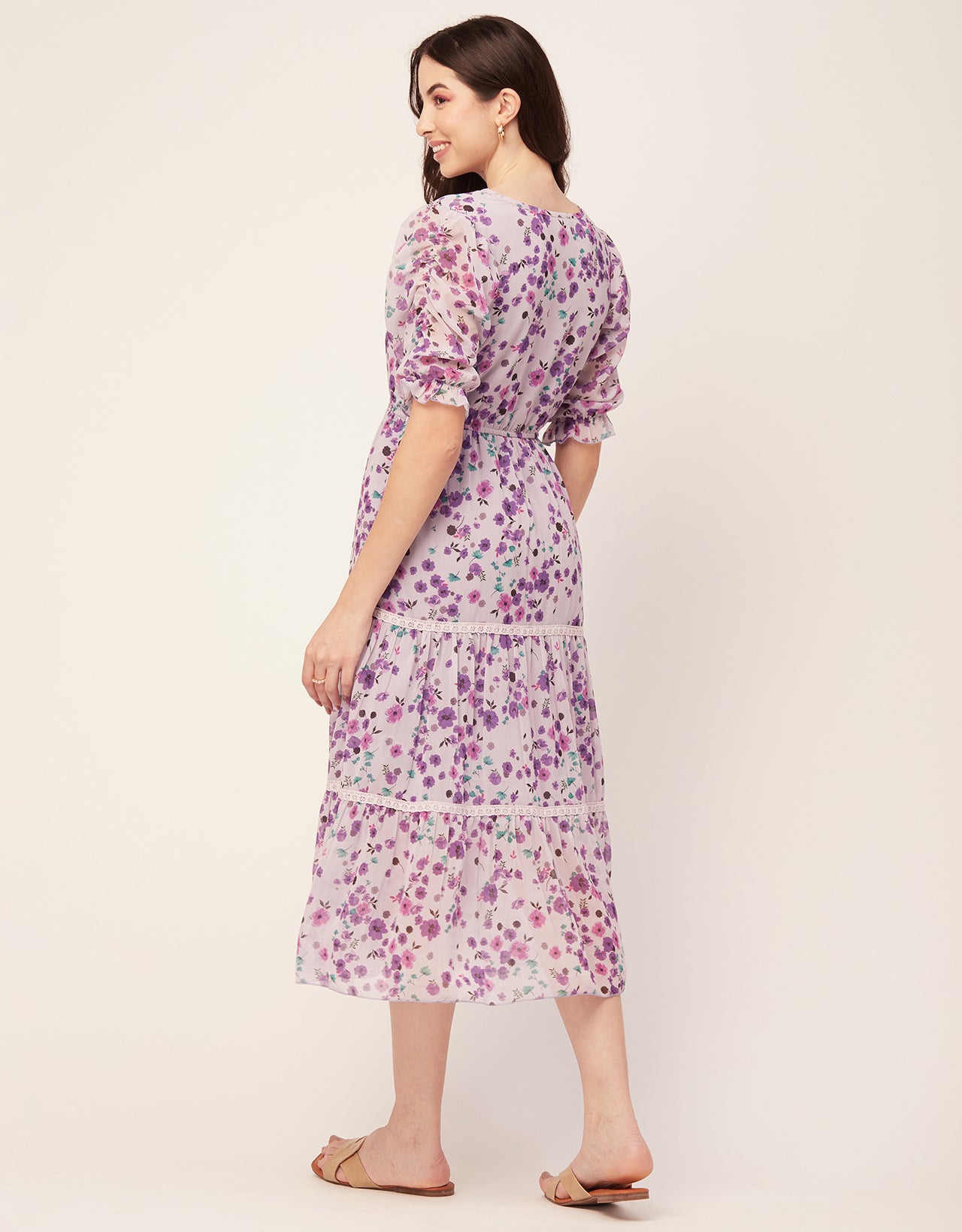 Printed Tiered V Neck Dress