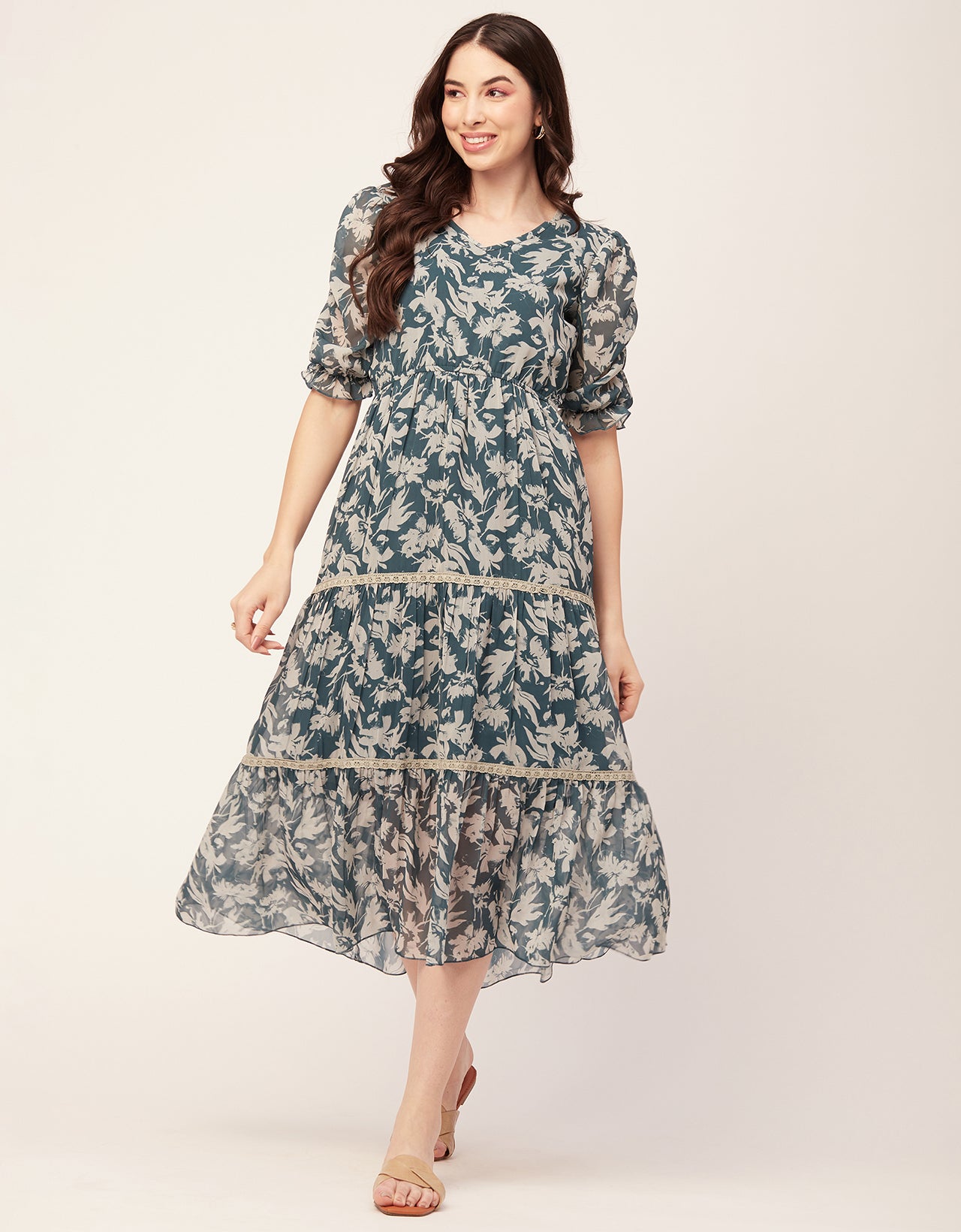 Printed Tiered V Neck Dress
