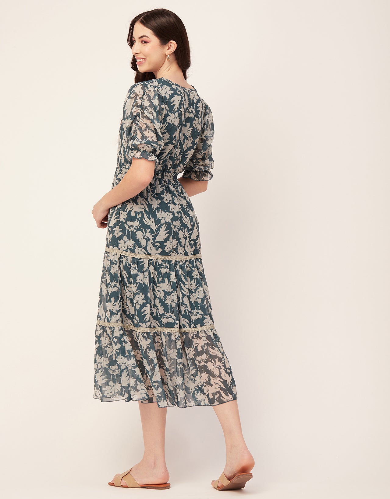 Printed Tiered V Neck Dress
