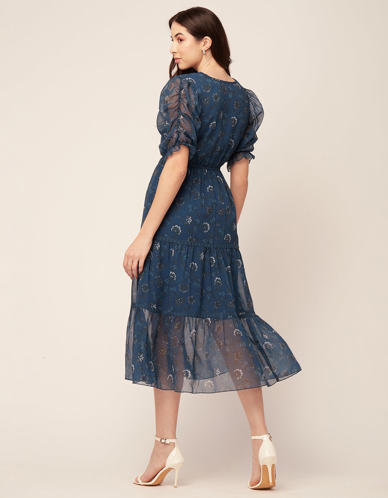 Printed Tiered V Neck Dress