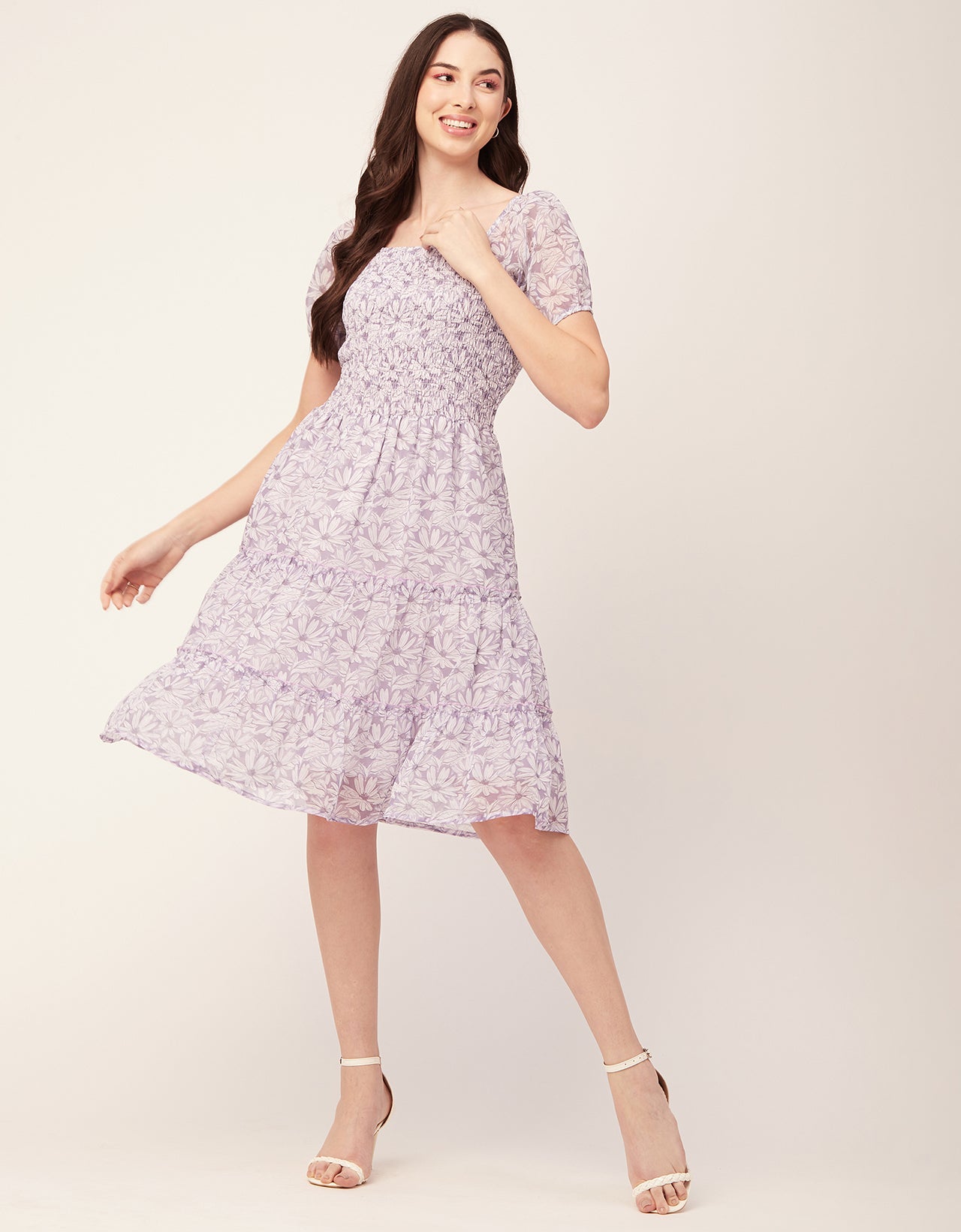 Printed Smocked Knee Dress