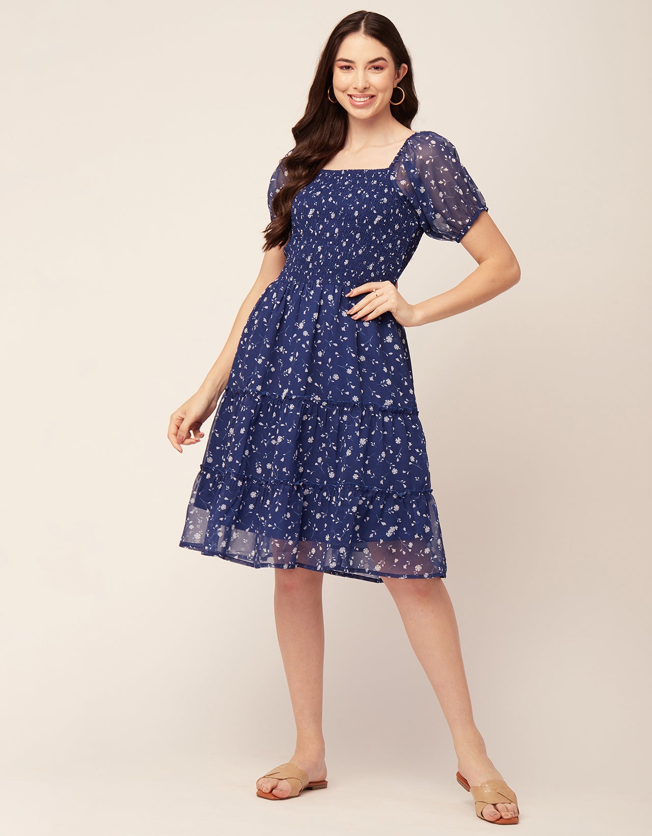 Printed Smocked Knee Dress