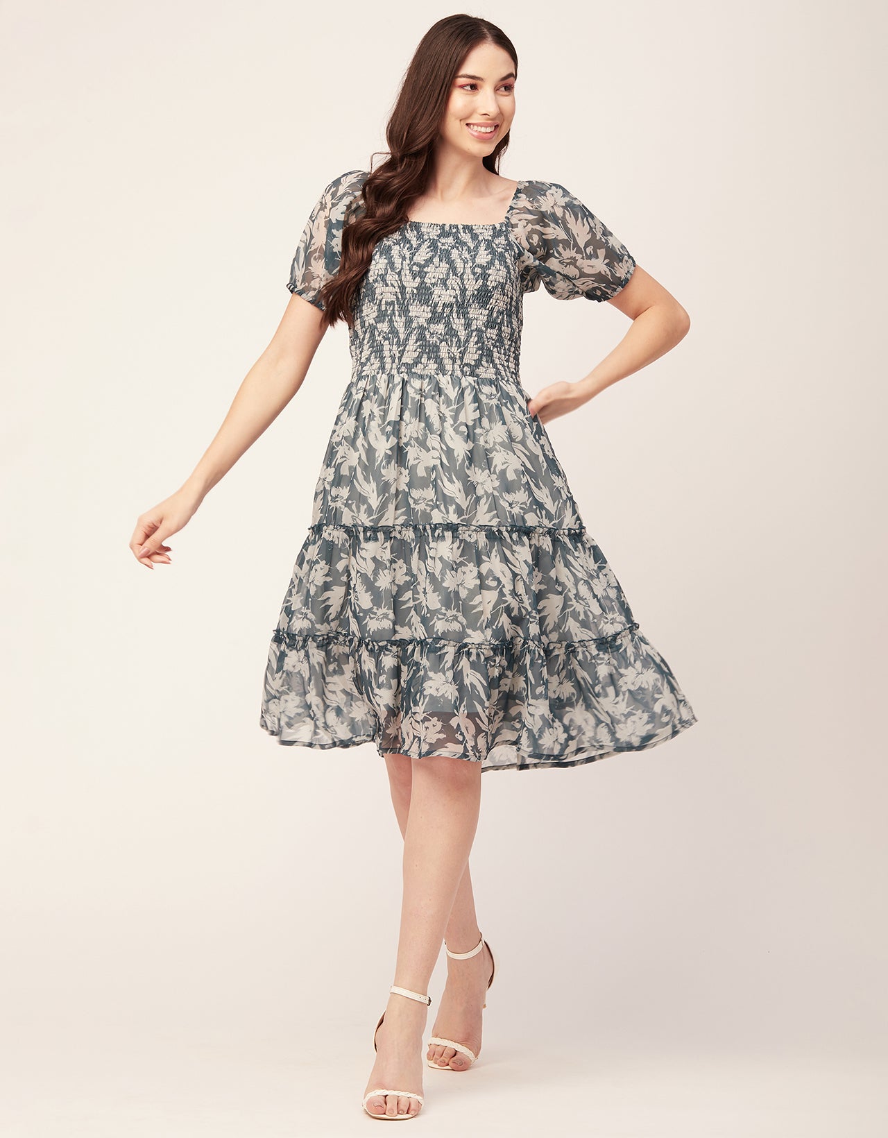 Printed Smocked Knee Dress