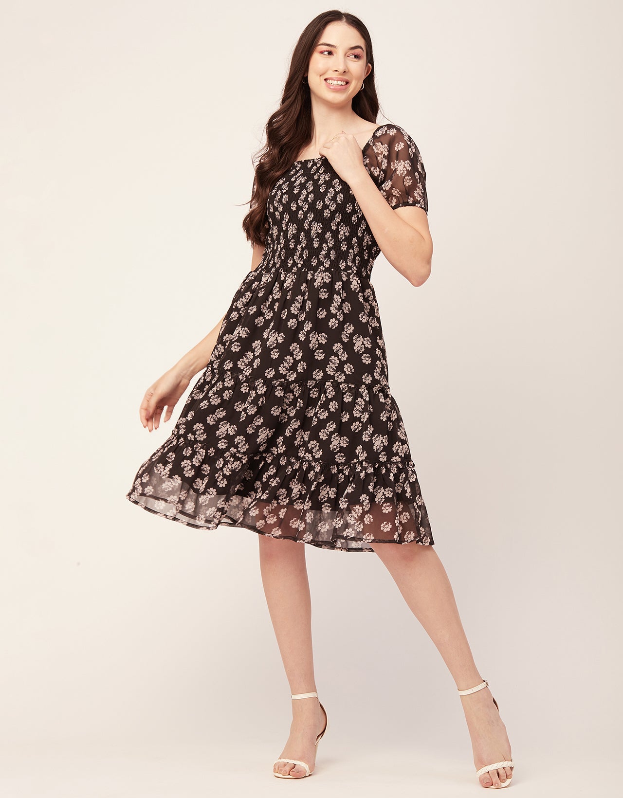 Printed Smocked Knee Dress