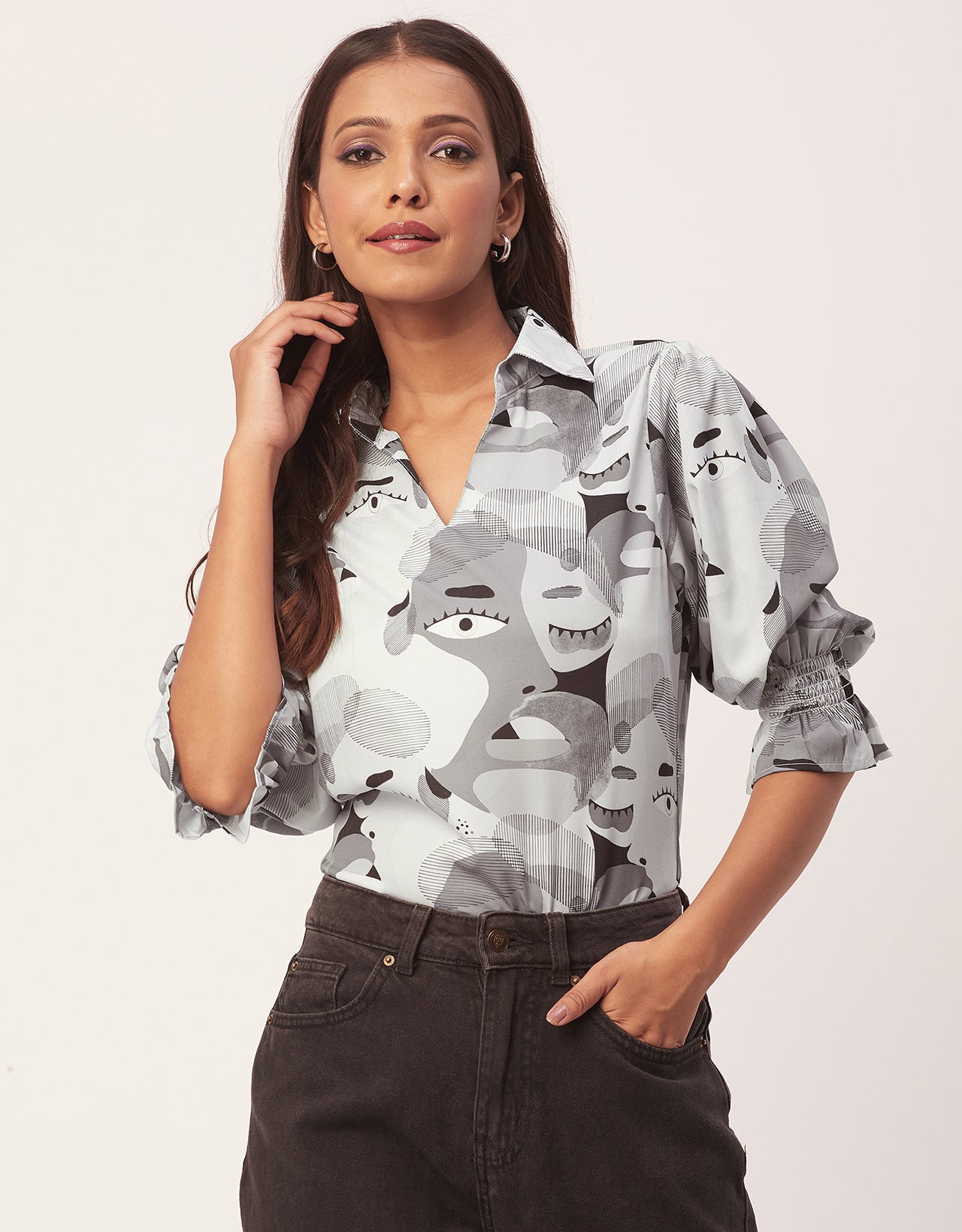 Printed Collared Tunic, Grey