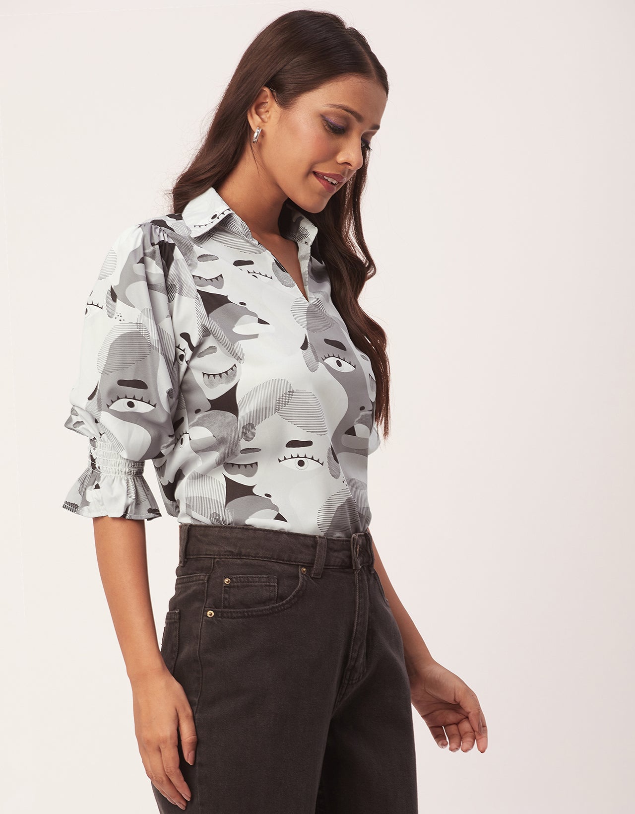 Printed Collared Tunic, Grey