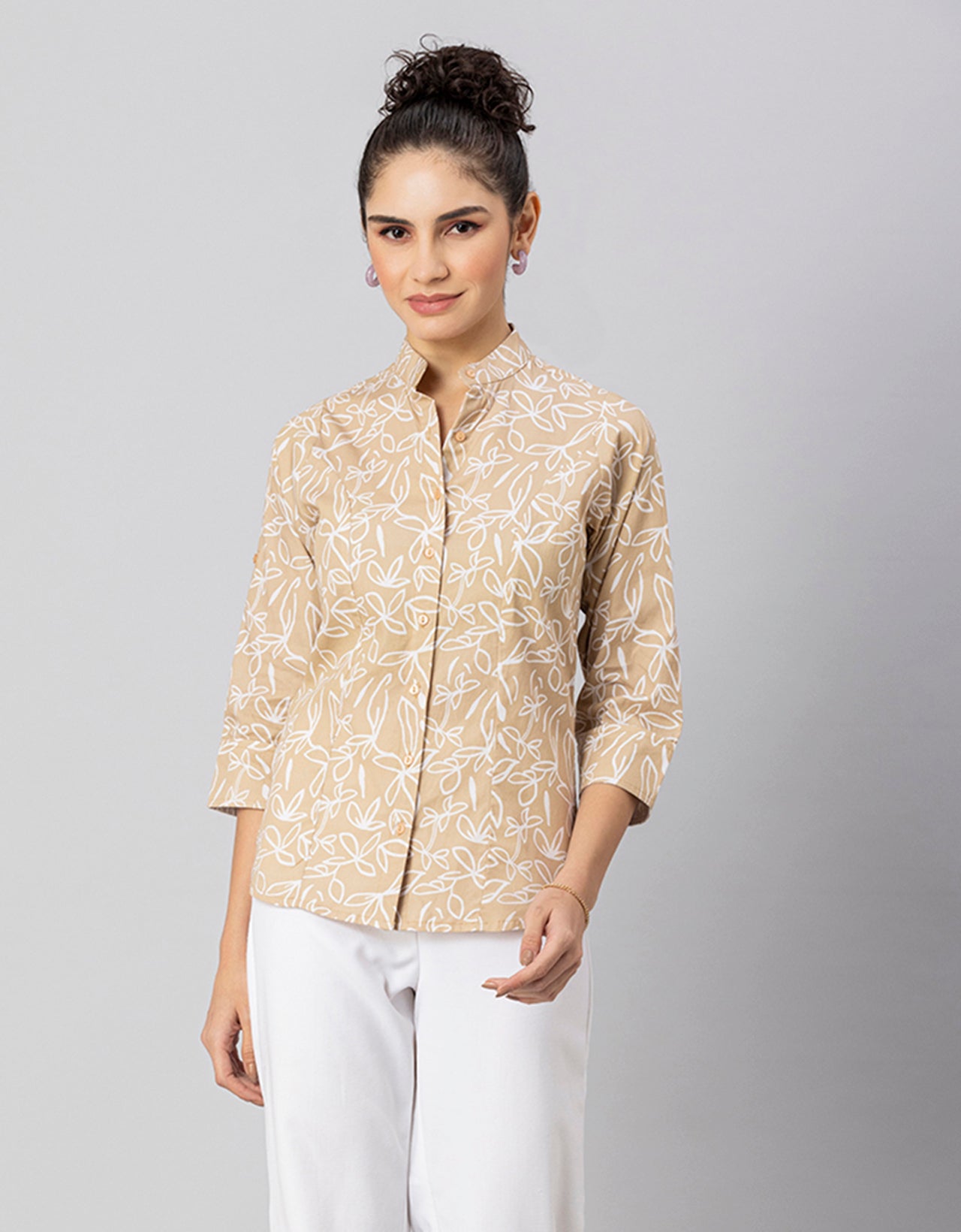Printed Cotton Shirt, Mandarin Collar