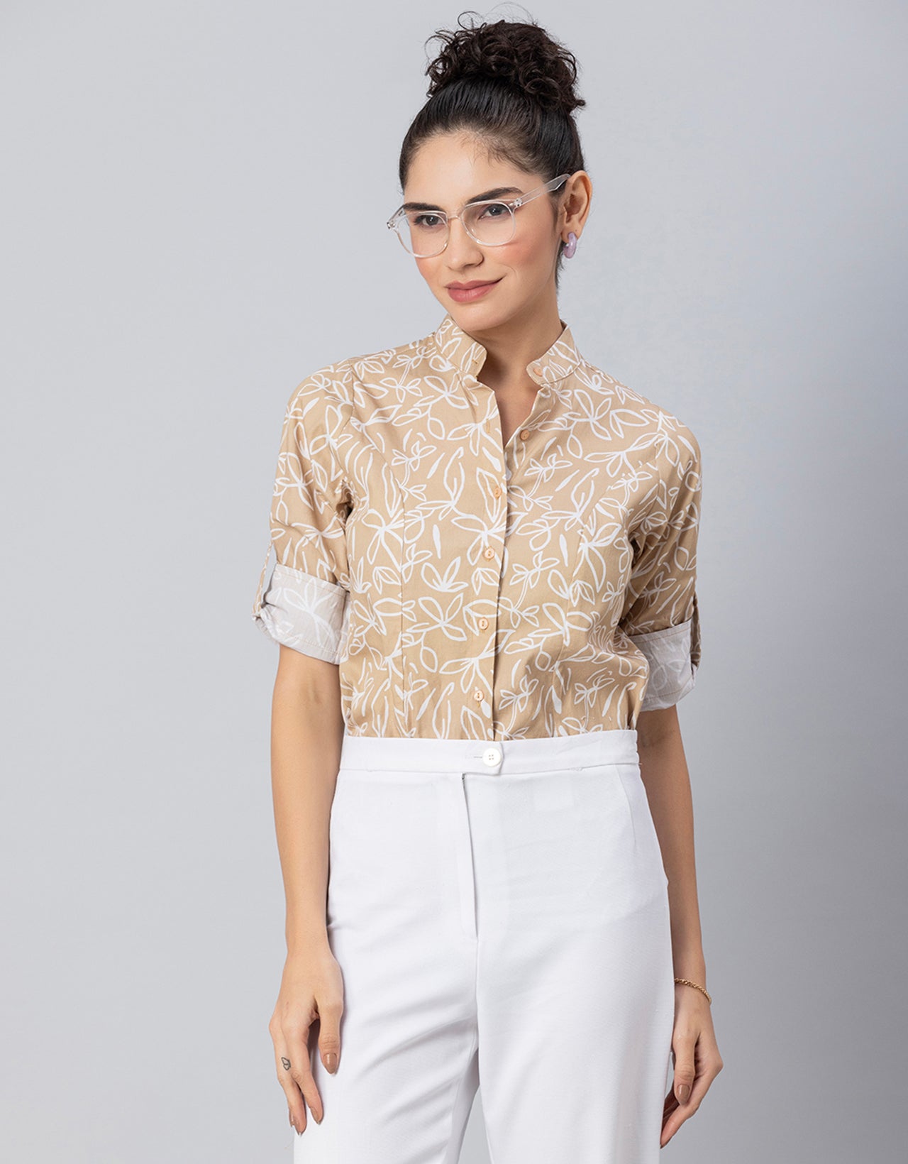 Printed Cotton Shirt, Mandarin Collar