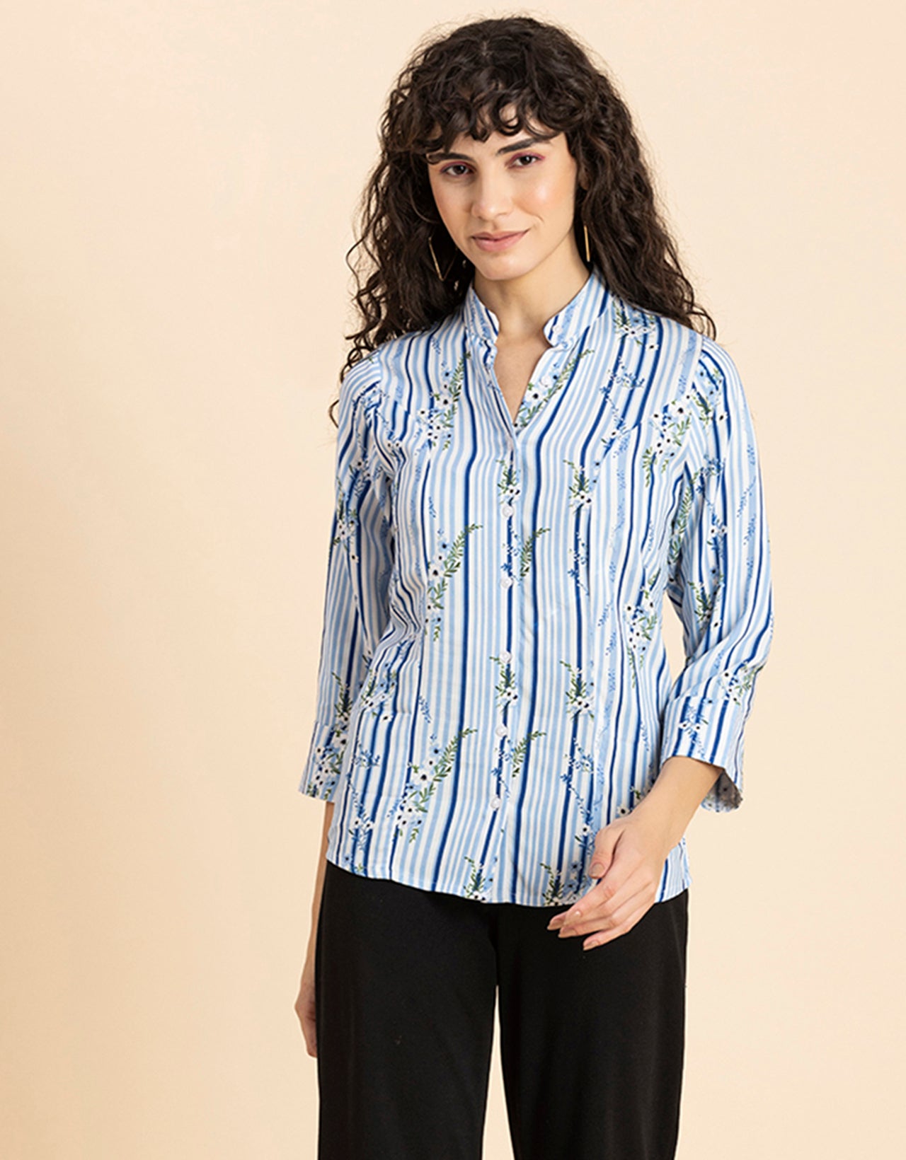 Printed Cotton Shirt, Mandarin Collar