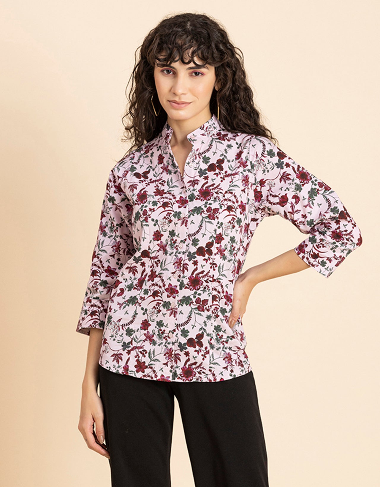 Printed Cotton Shirt, Mandarin Collar