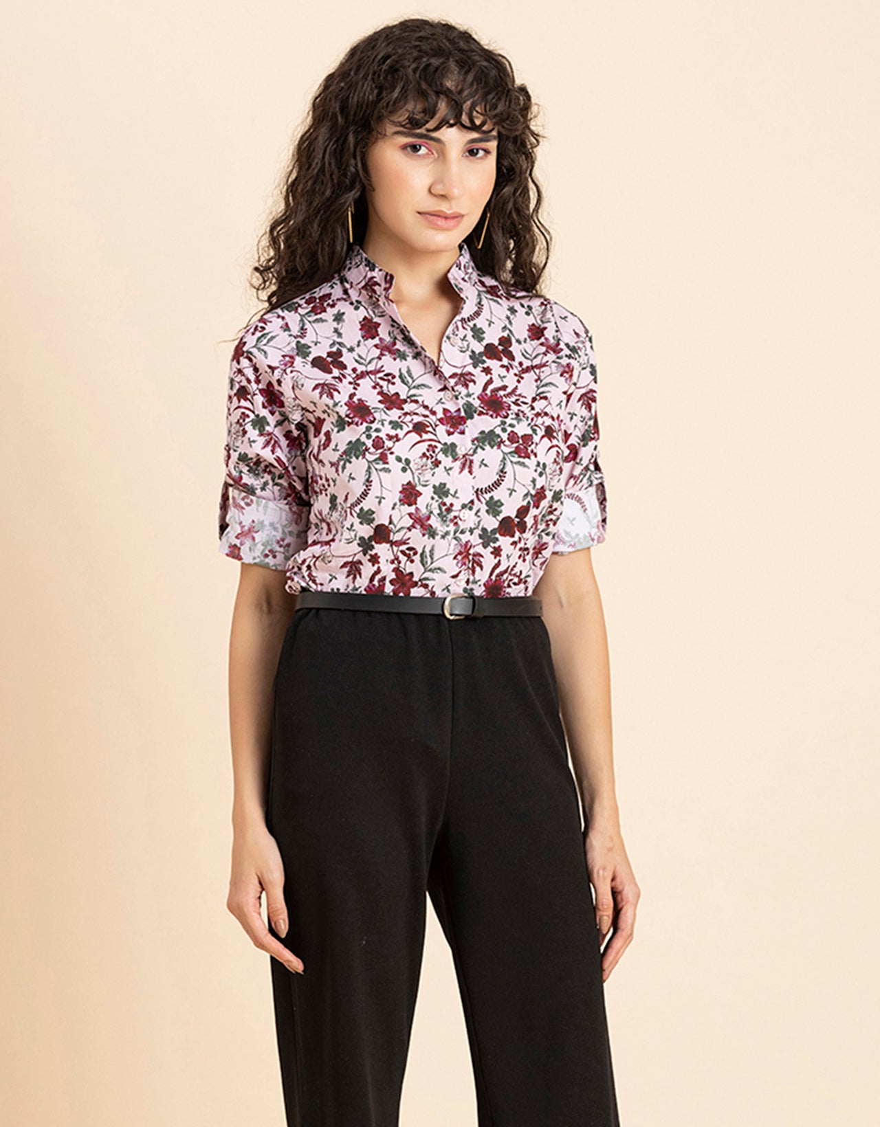 Printed Cotton Shirt, Mandarin Collar