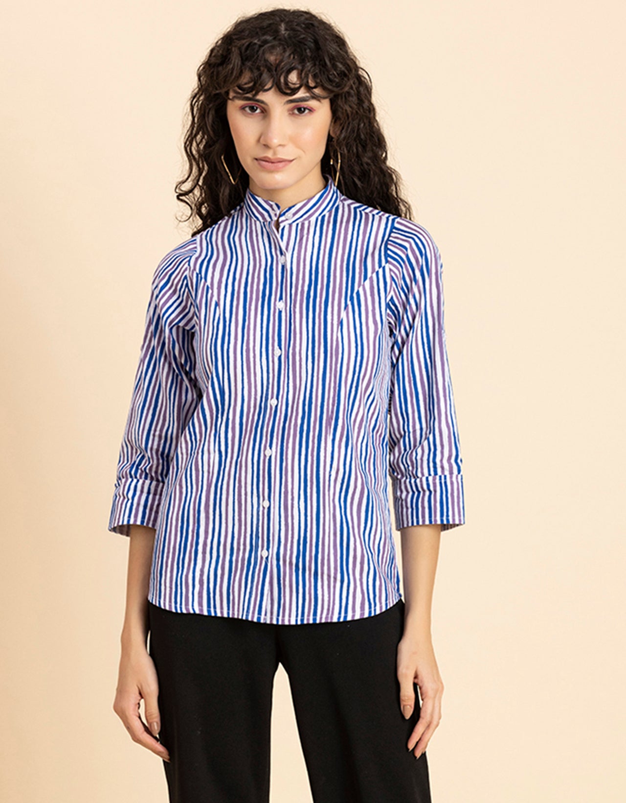 Printed Cotton Shirt, Mandarin Collar