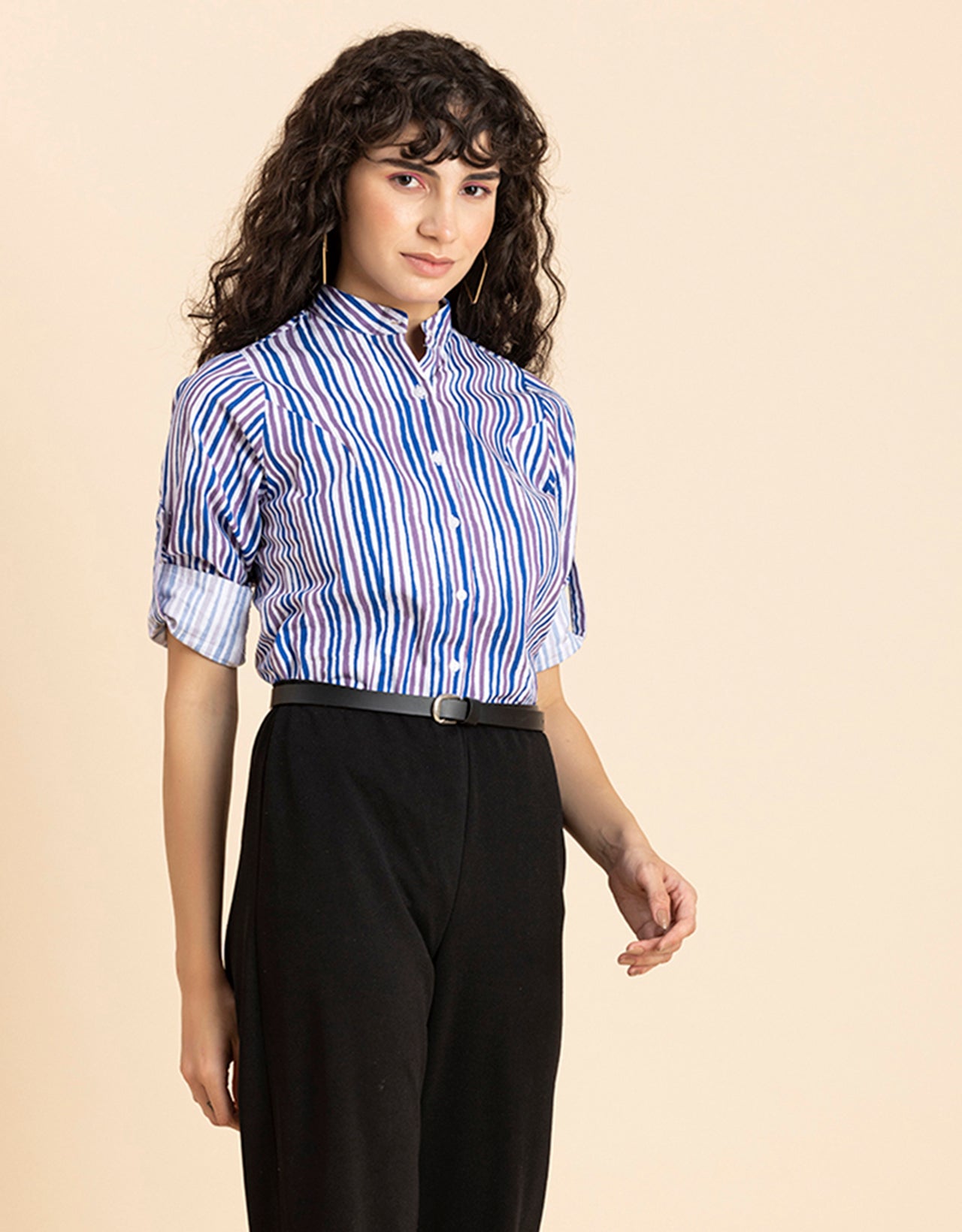 Printed Cotton Shirt, Mandarin Collar