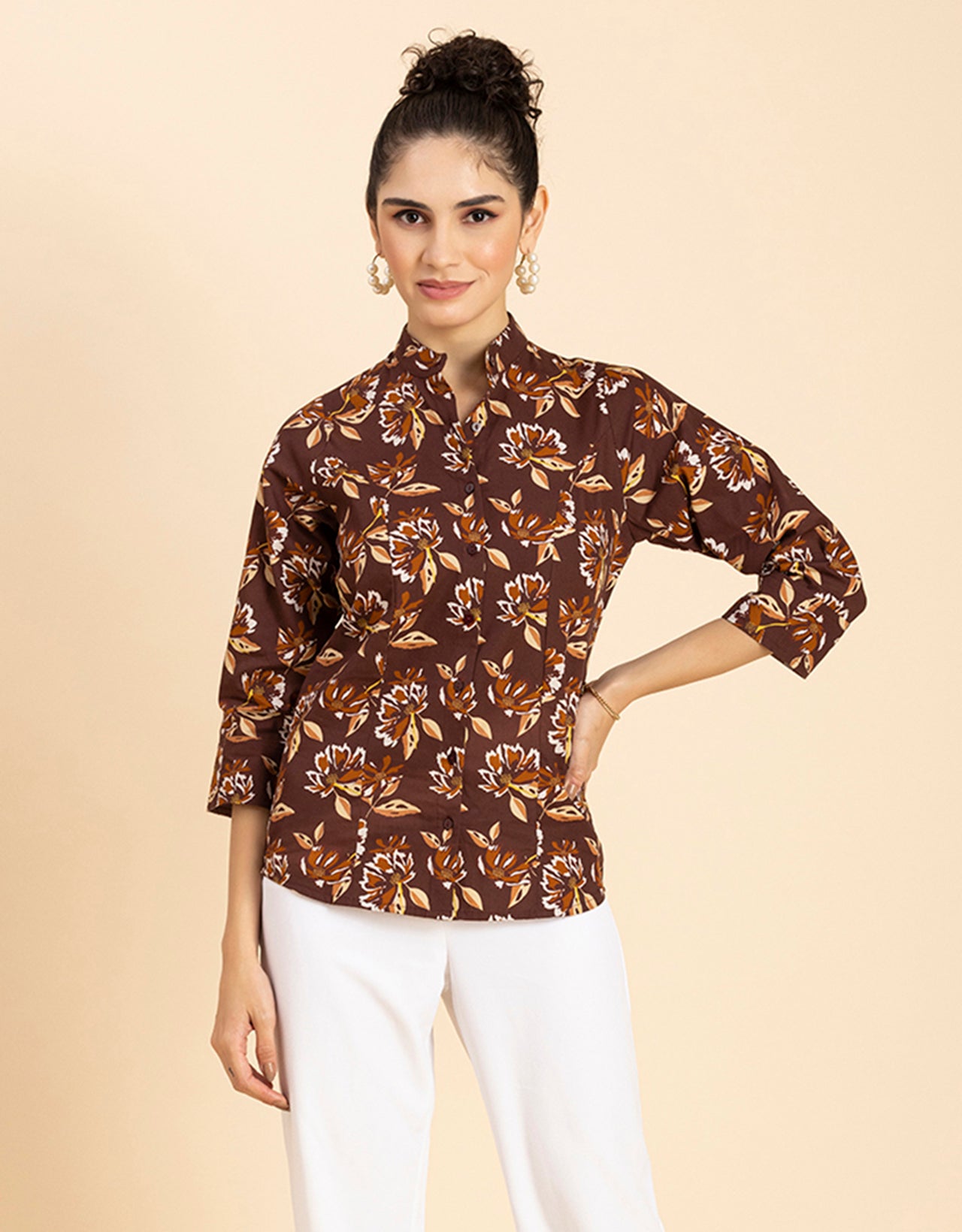 Printed Cotton Shirt, Mandarin Collar