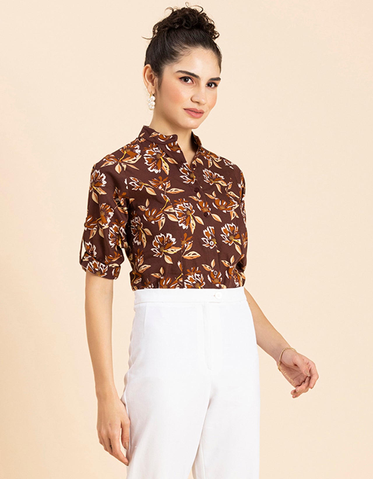 Printed Cotton Shirt, Mandarin Collar
