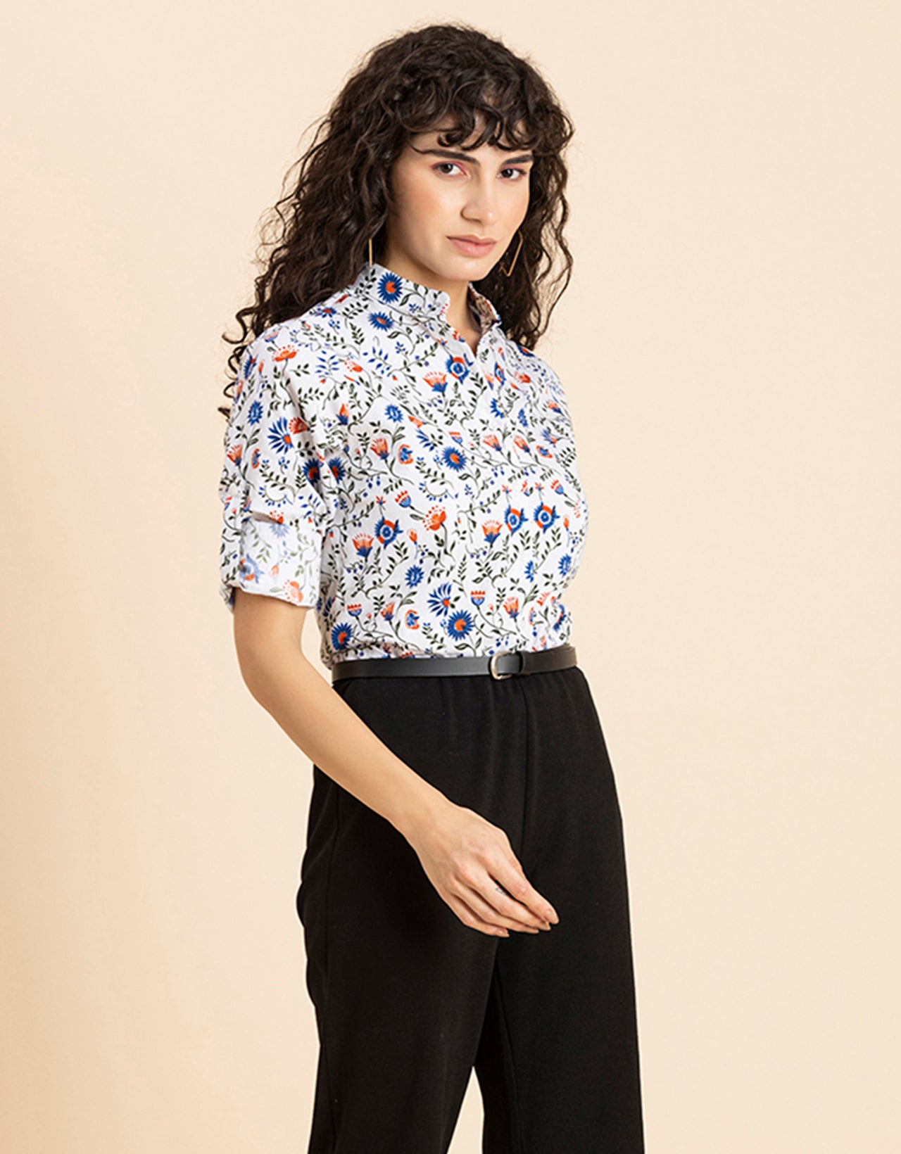 Printed Cotton Shirt, Mandarin Collar