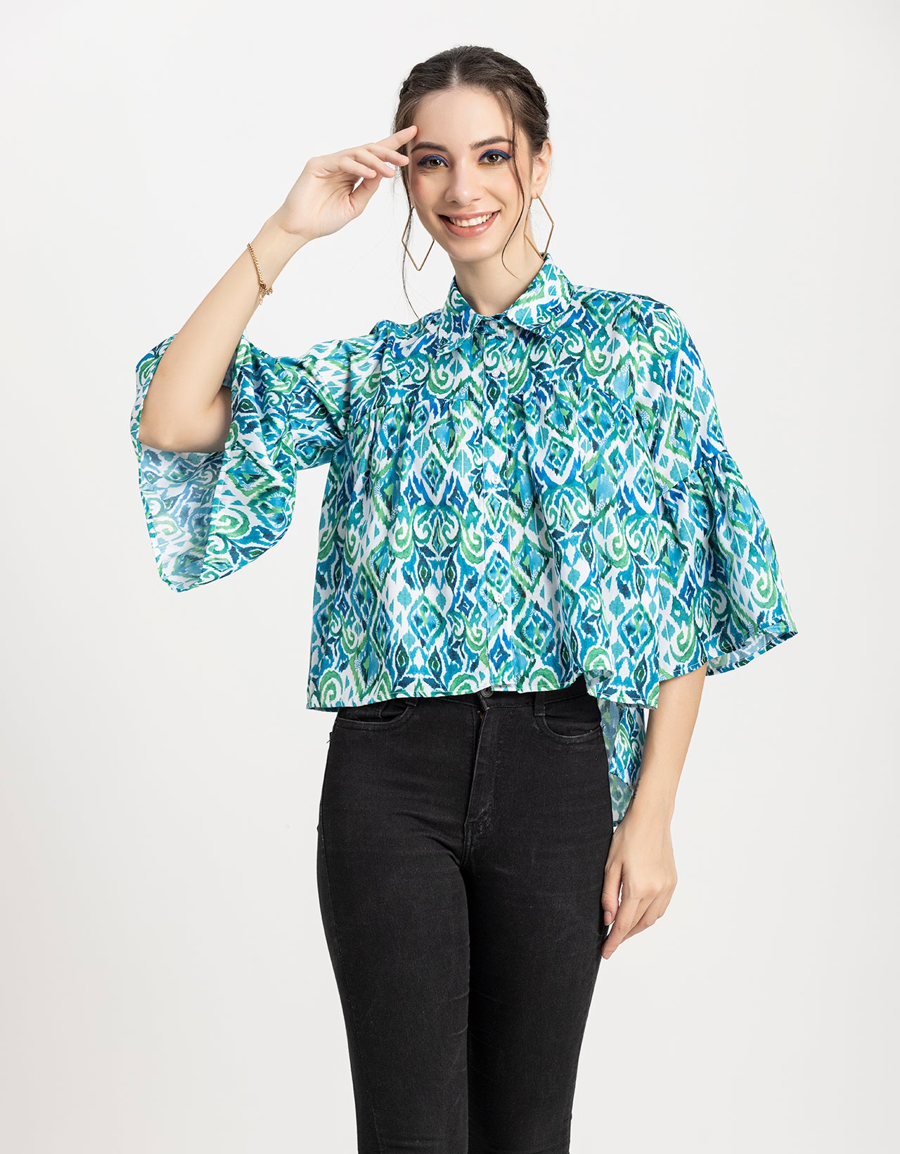 Printed Peplum Shirt, Bell Sleeve