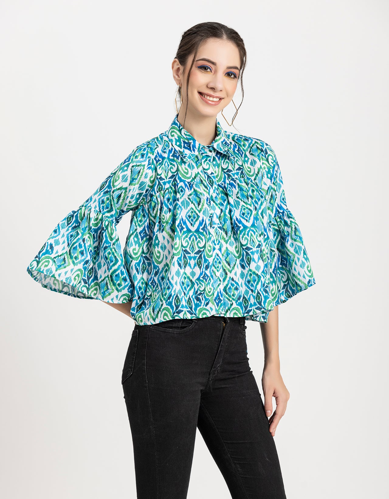 Printed Peplum Shirt, Bell Sleeve