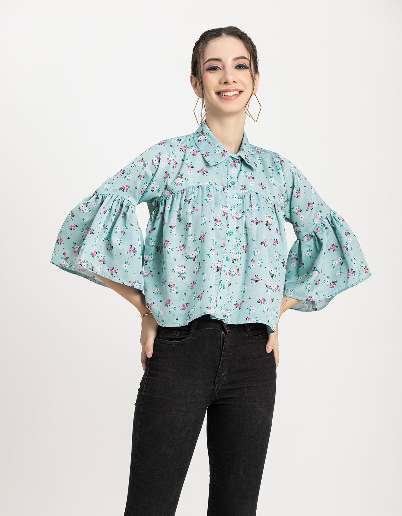 Printed Peplum Shirt, Bell Sleeve