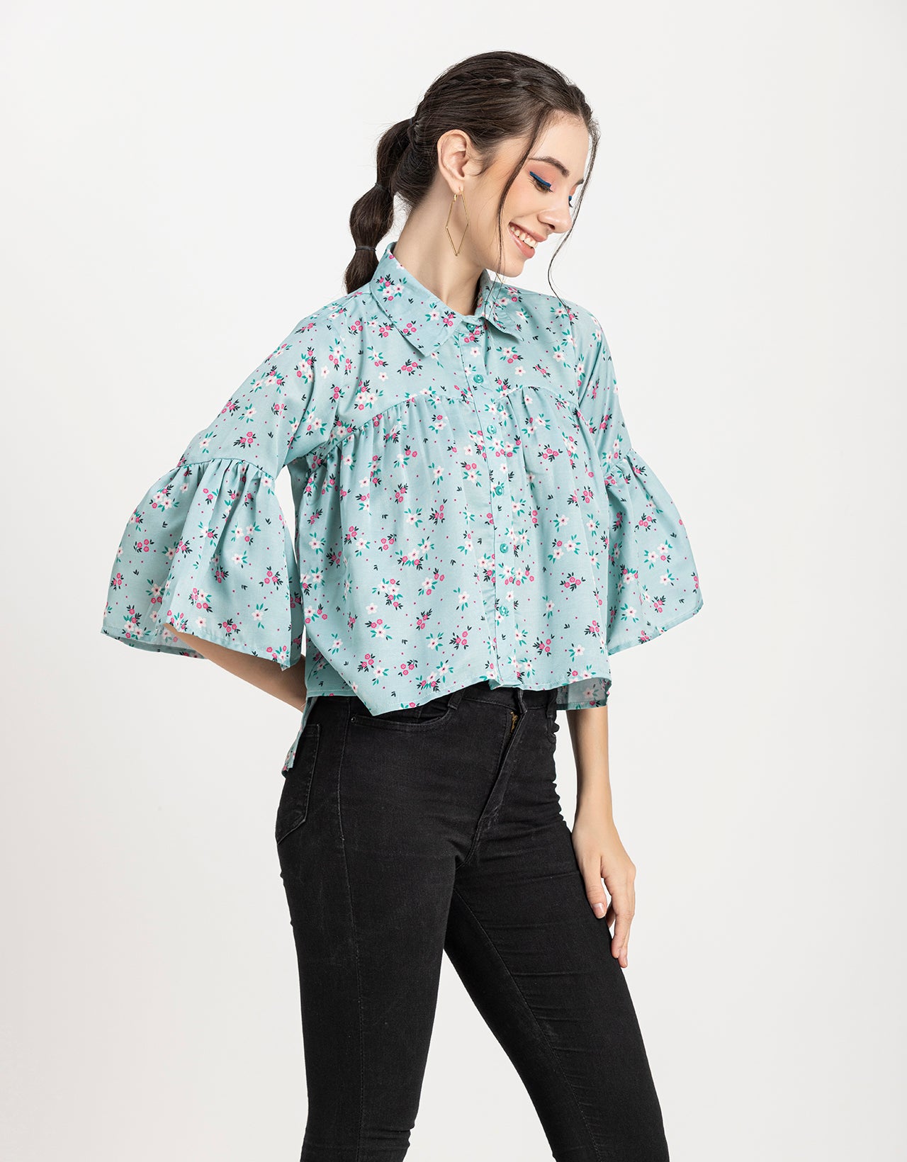 Printed Peplum Shirt, Bell Sleeve