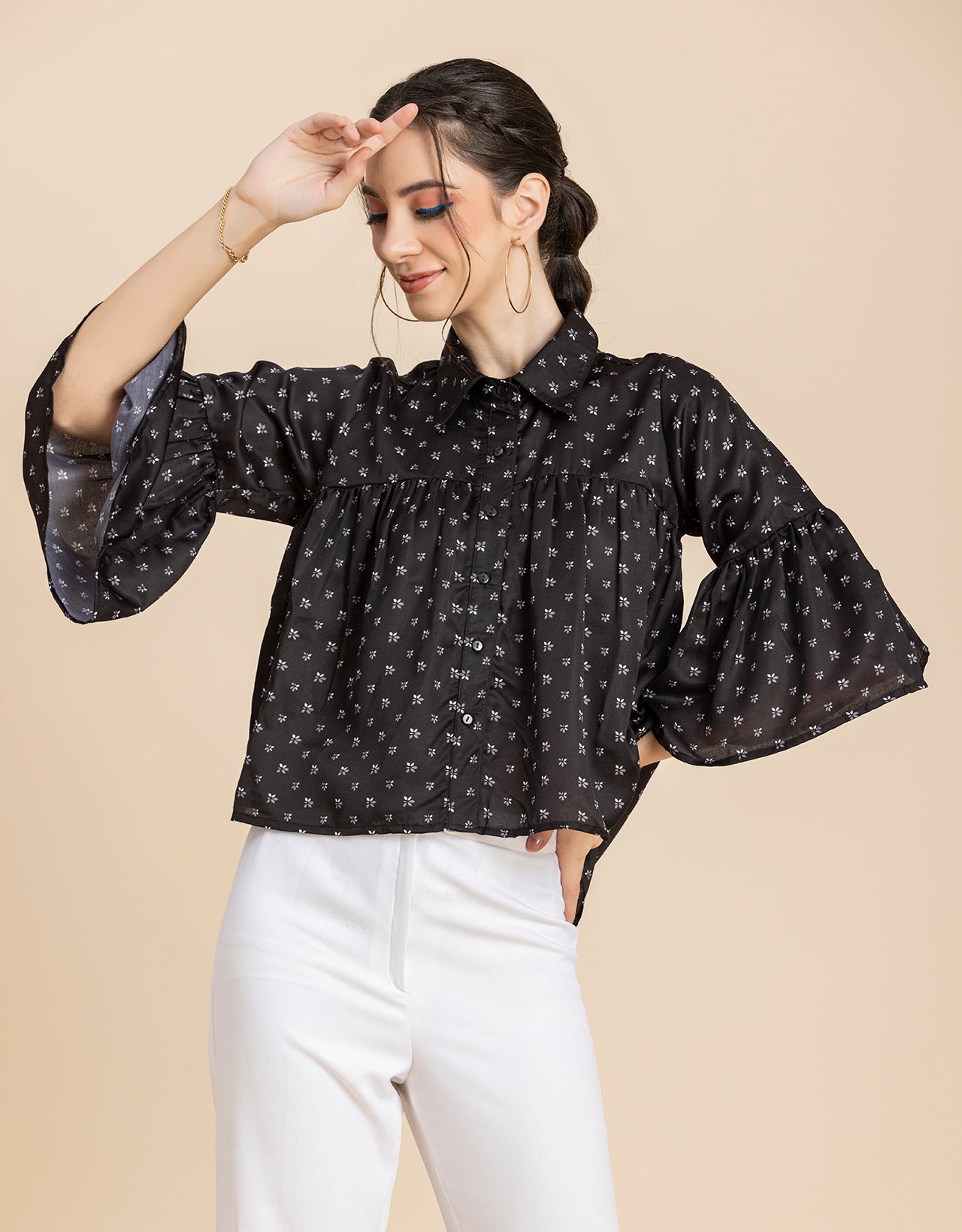Printed Peplum Shirt, Bell Sleeve