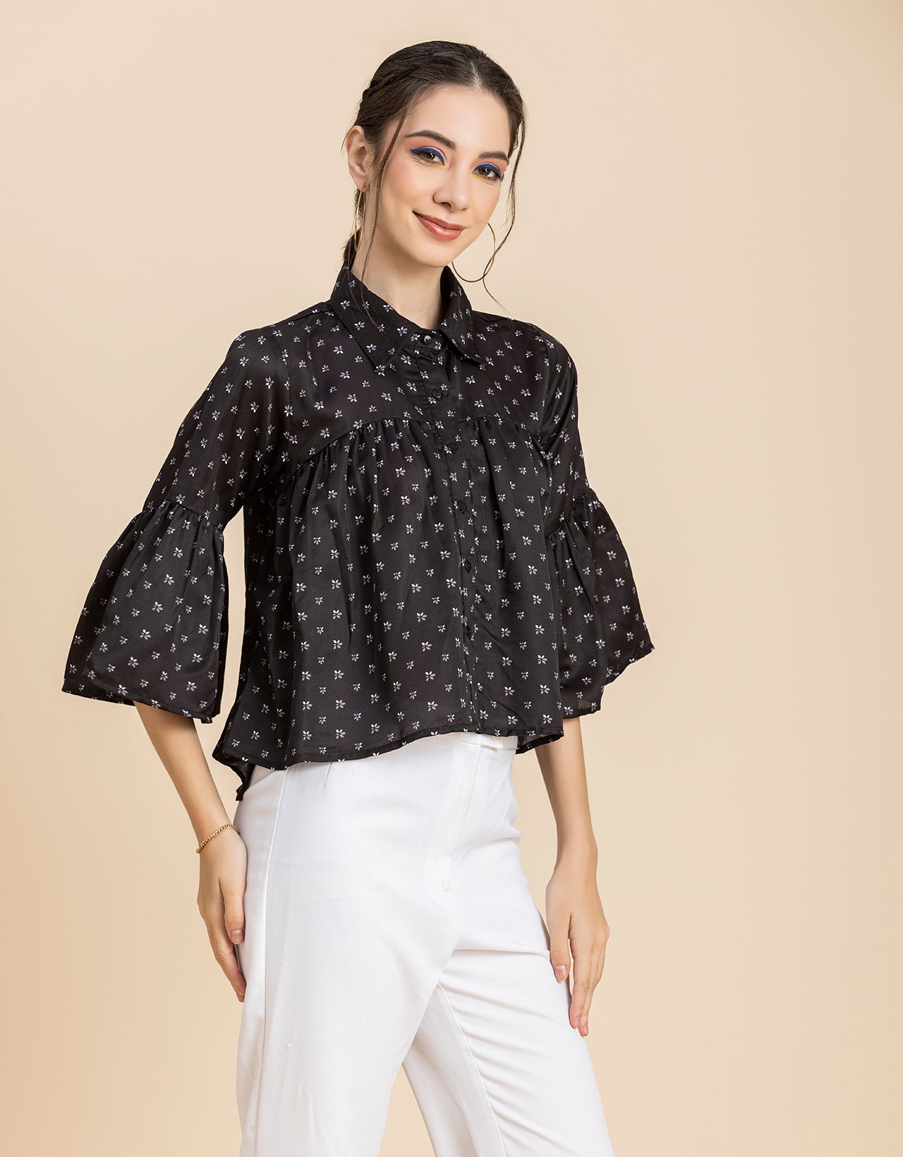 Printed Peplum Shirt, Bell Sleeve