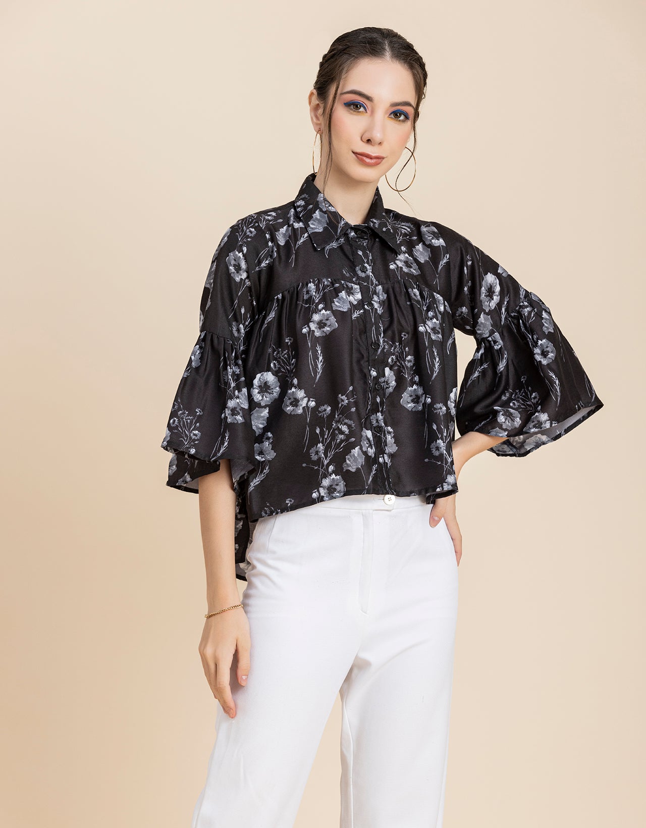Printed Peplum Shirt, Bell Sleeve