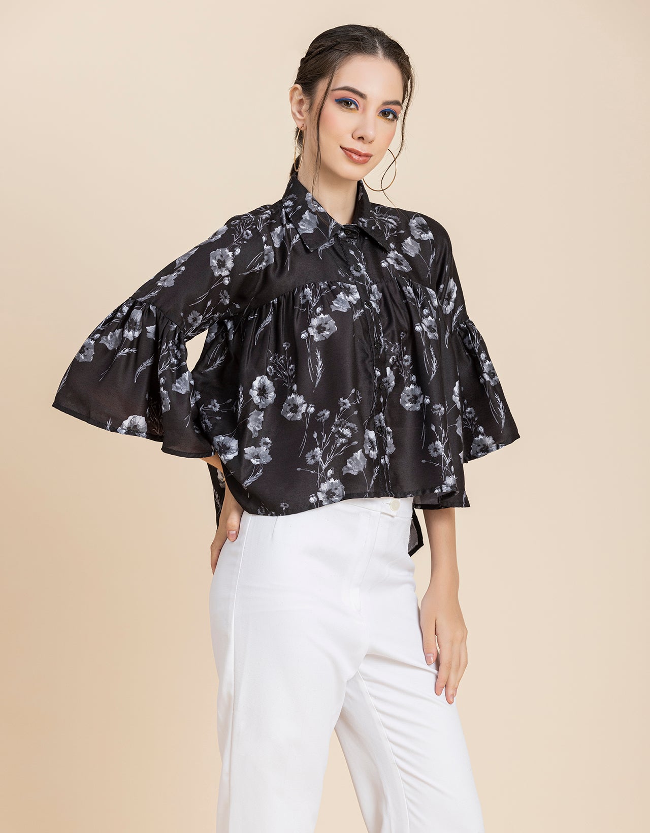 Printed Peplum Shirt, Bell Sleeve