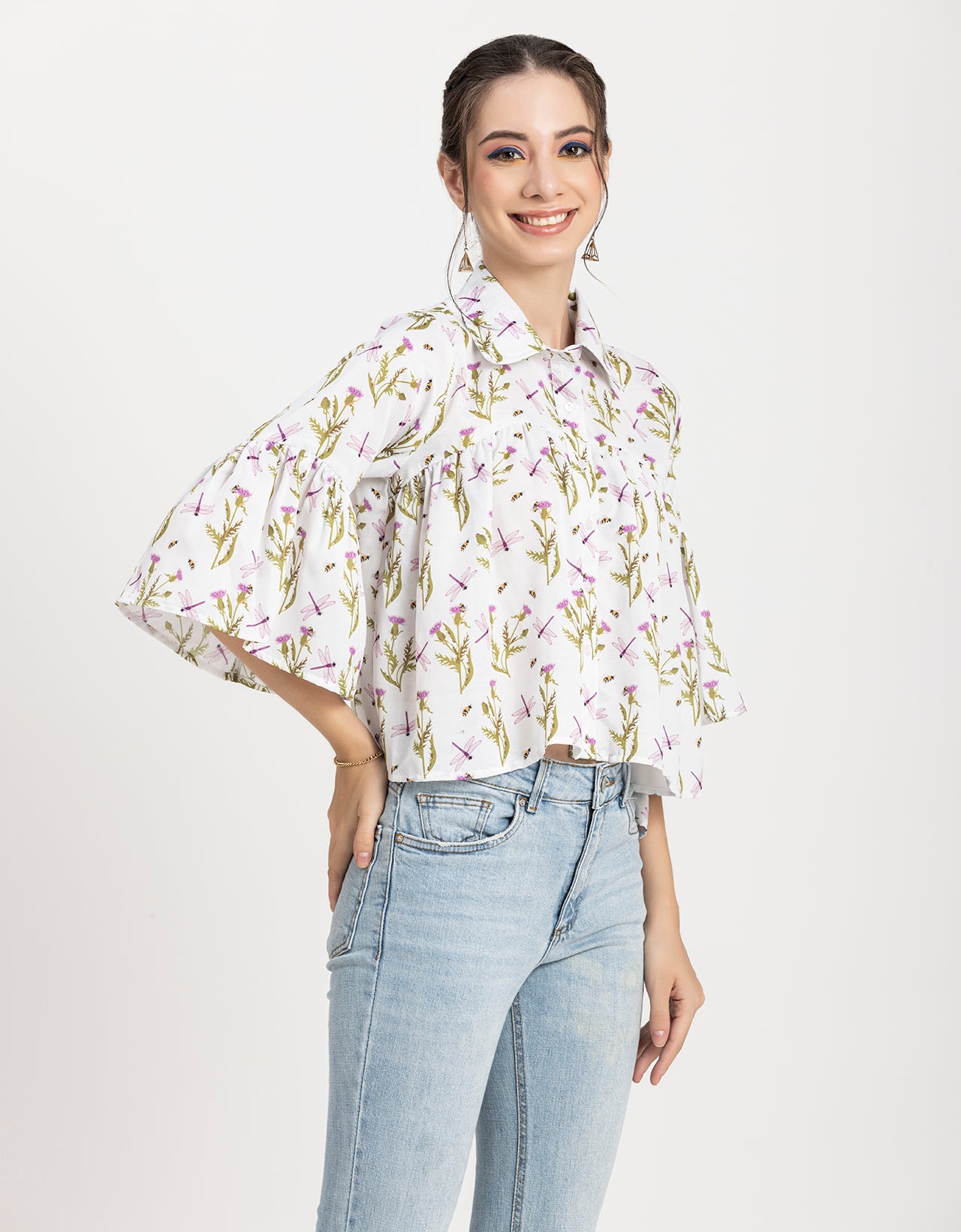 Printed Peplum Shirt, Bell Sleeve